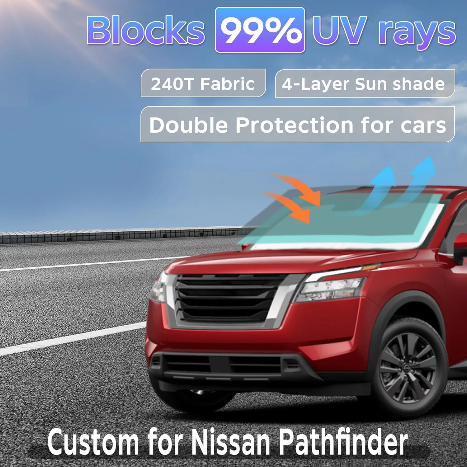 Sun Shade Sunshade for Nissan Pathfinder 2022-2024 2025 Windshield Cover, 2-Layers Sun Shield 240T Silver Sun Visor Foldable Window Shade Blocks UV Rays Cooler Car Accessories