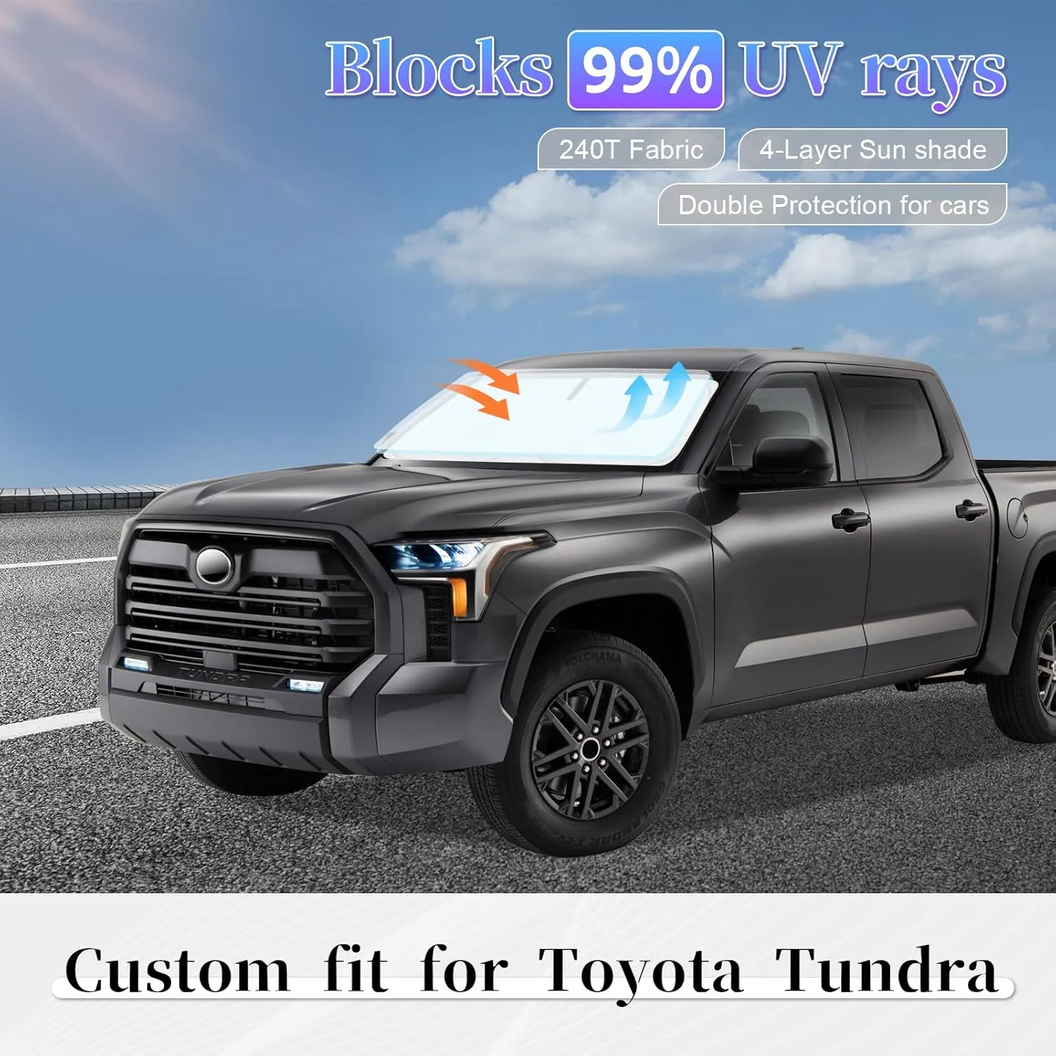 Sun Shade Sunshade for Toyota Tundra Windshield Cover, 4-Layer Front Window Shade Custom fit Tundra 2022-2024 2025 Limited SR5 Platinum TRD Pro Pickup Sun Visor 240T Shade Blocks UV Car Accessories