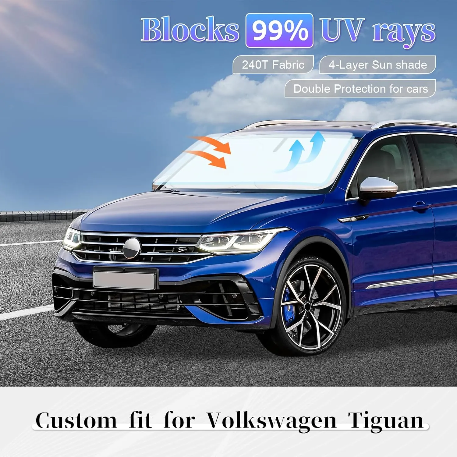 Sun Shade Sunshade for Volkswagen Tiguan Windshield Cover, 4-Layer Front Window Shade Custom fit Tiguan 2018-2023 2024 Sun Visor 240T Retractable Shade Blocks UV Rays Cooler Car Accessories