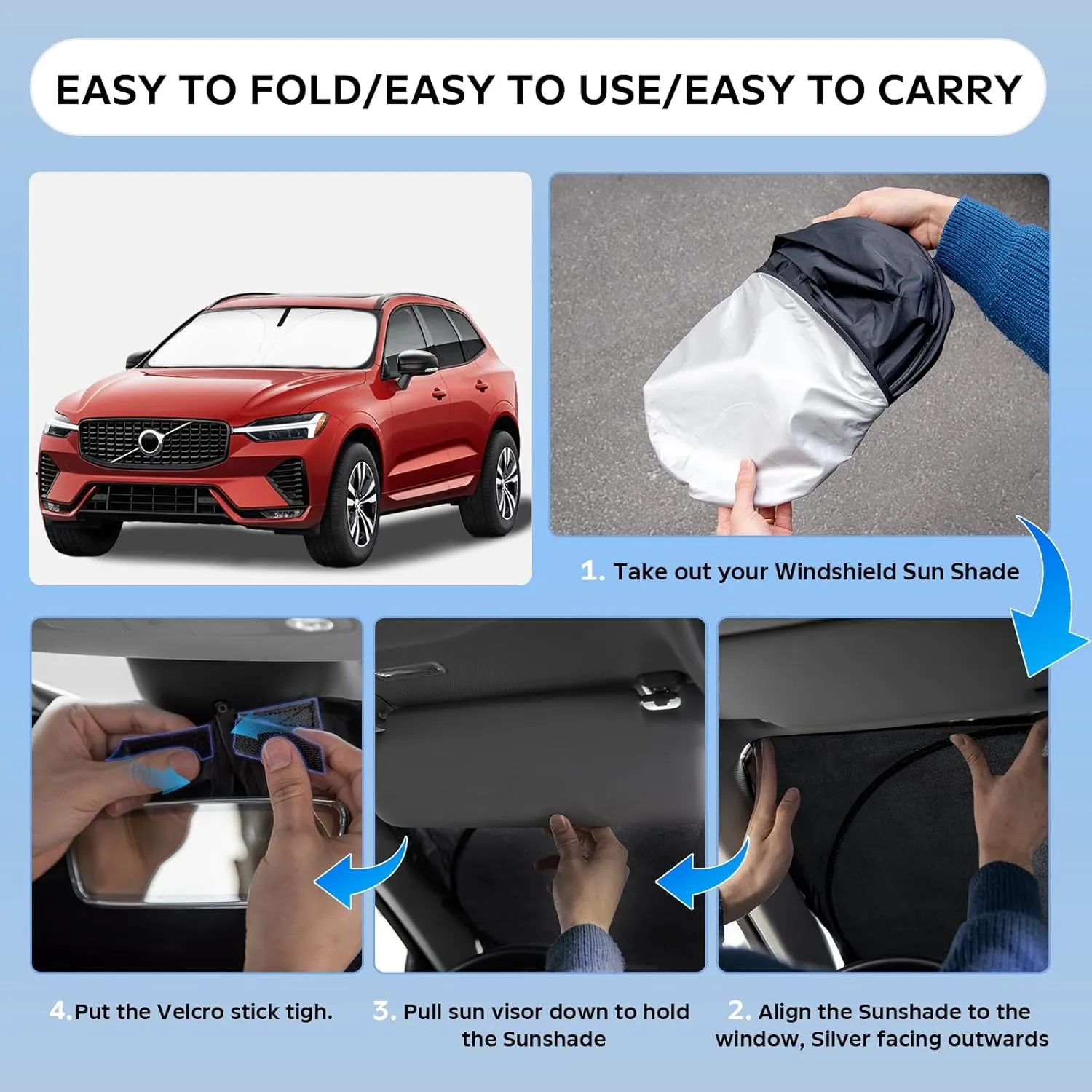 Sun Shade Sunshade for Volvo XC60 SUV 2018-2024 2025 Windshield Cover, 2-Layers Sun Shield 240T Silver Coating Sun Visor Foldable Window Shade Blocks UV Rays Car Accessories