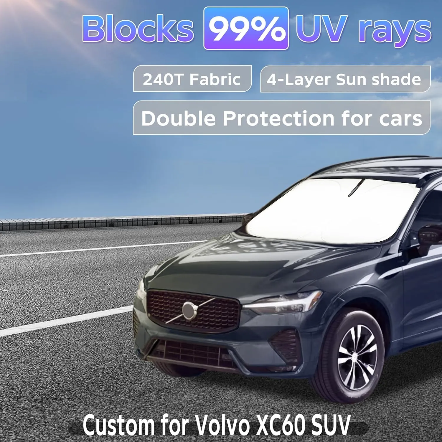 Sun Shade Sunshade for Volvo XC60 SUV 2018-2024 2025 Windshield Cover, 2-Layers Sun Shield 240T Silver Coating Sun Visor Foldable Window Shade Blocks UV Rays Car Accessories