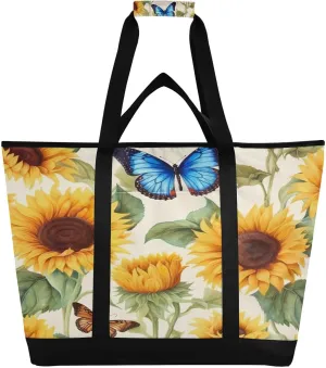 Sunflower Butterfly Reusable Insulated Lunchbox Cooler Bag, Leakproof Kitchen Grocery Bag Collapsible Portable Cooler Tote Bag for Picnic, Camping, Office, Travel