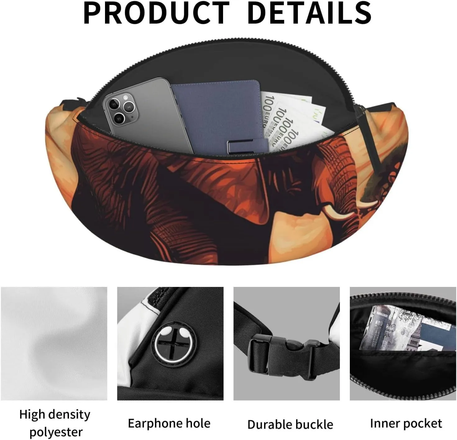 Sunset elephant Fanny Pack for Man Women Waist Bag Adjustable Belt Casual Chest Bag Bum Bags for Travel Sports Running Hiking Waist Packs