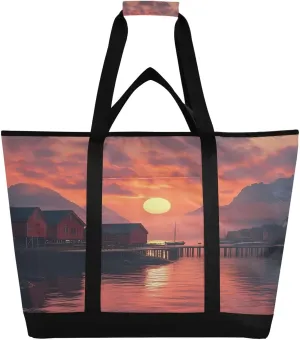 Sunset in The Harbor Reusable Insulated Lunchbox Cooler Bag, Leakproof Kitchen Grocery Bag Collapsible Portable Cooler Tote Bag for Picnic, Camping, Office, Travel
