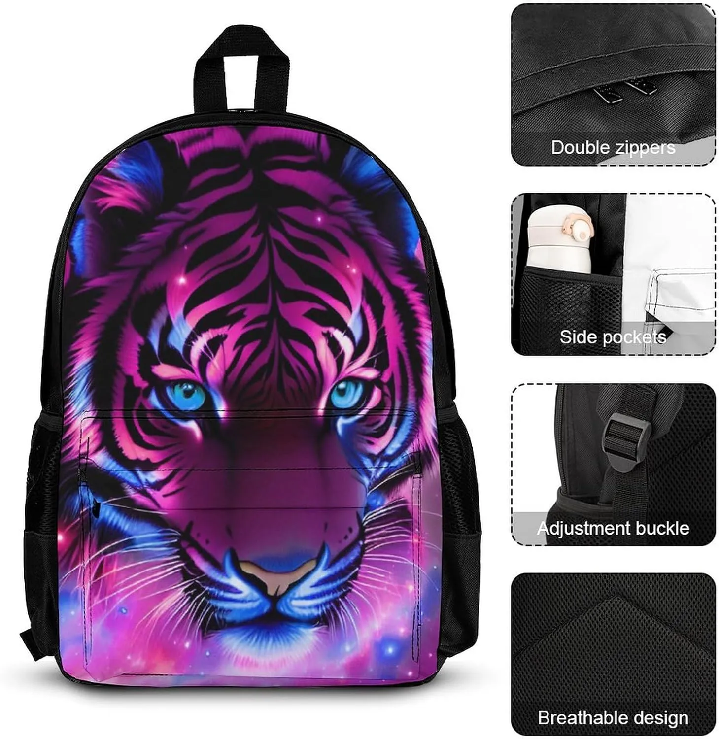Supdreamc 3 Pcs Rucksack Mystic Fantasy Galaxy Sky Fantasy Tiger Wild Animals Boho Style Traveling & Camping Backpack Sets - Large Capacity Multipurpose Anti-Theft Bookbag for Adult