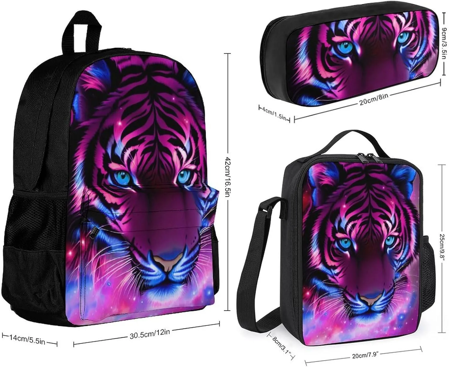 Supdreamc 3 Pcs Rucksack Mystic Fantasy Galaxy Sky Fantasy Tiger Wild Animals Boho Style Traveling & Camping Backpack Sets - Large Capacity Multipurpose Anti-Theft Bookbag for Adult