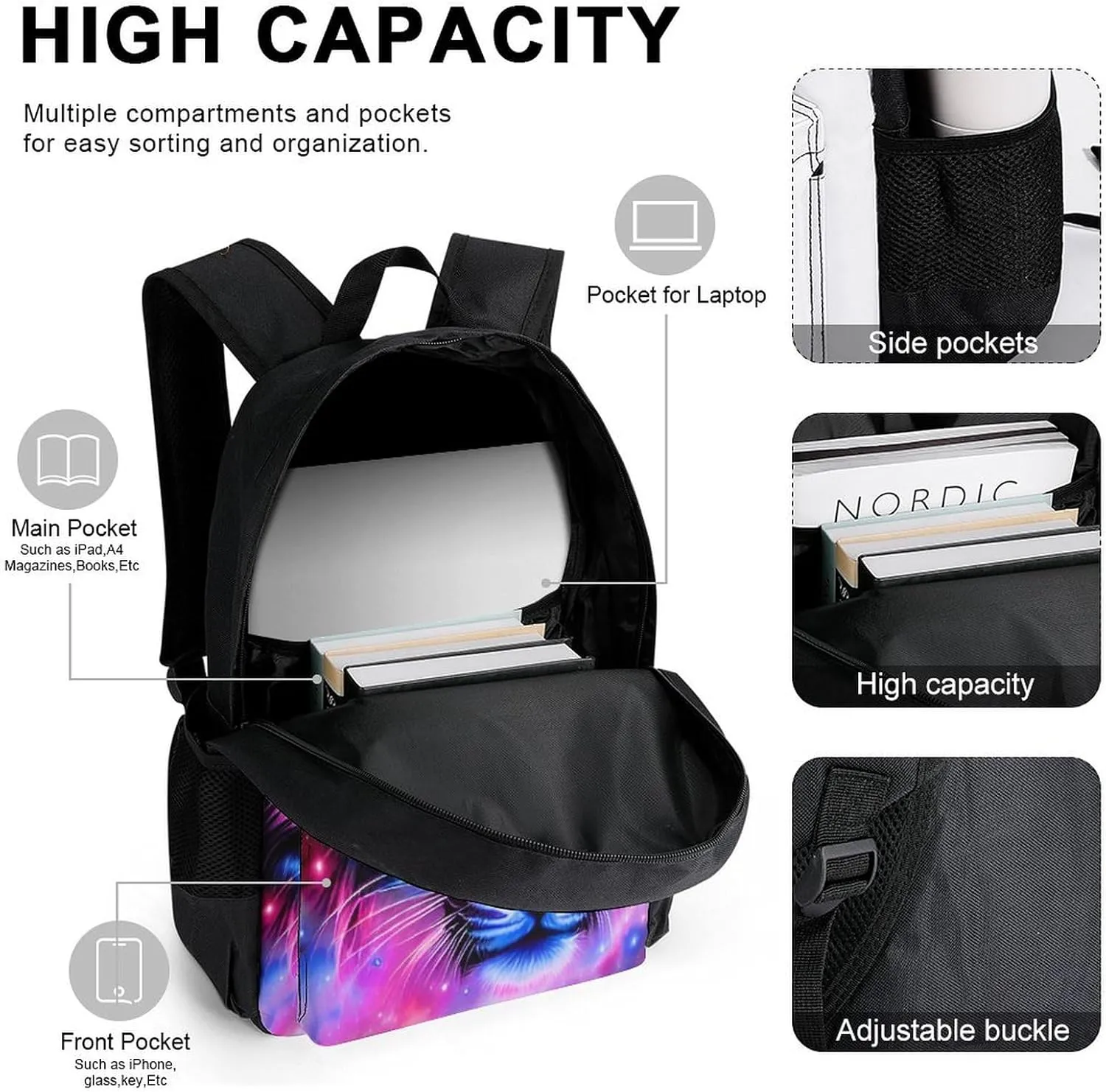 Supdreamc 3 Pcs Rucksack Mystic Fantasy Galaxy Sky Fantasy Tiger Wild Animals Boho Style Traveling & Camping Backpack Sets - Large Capacity Multipurpose Anti-Theft Bookbag for Adult