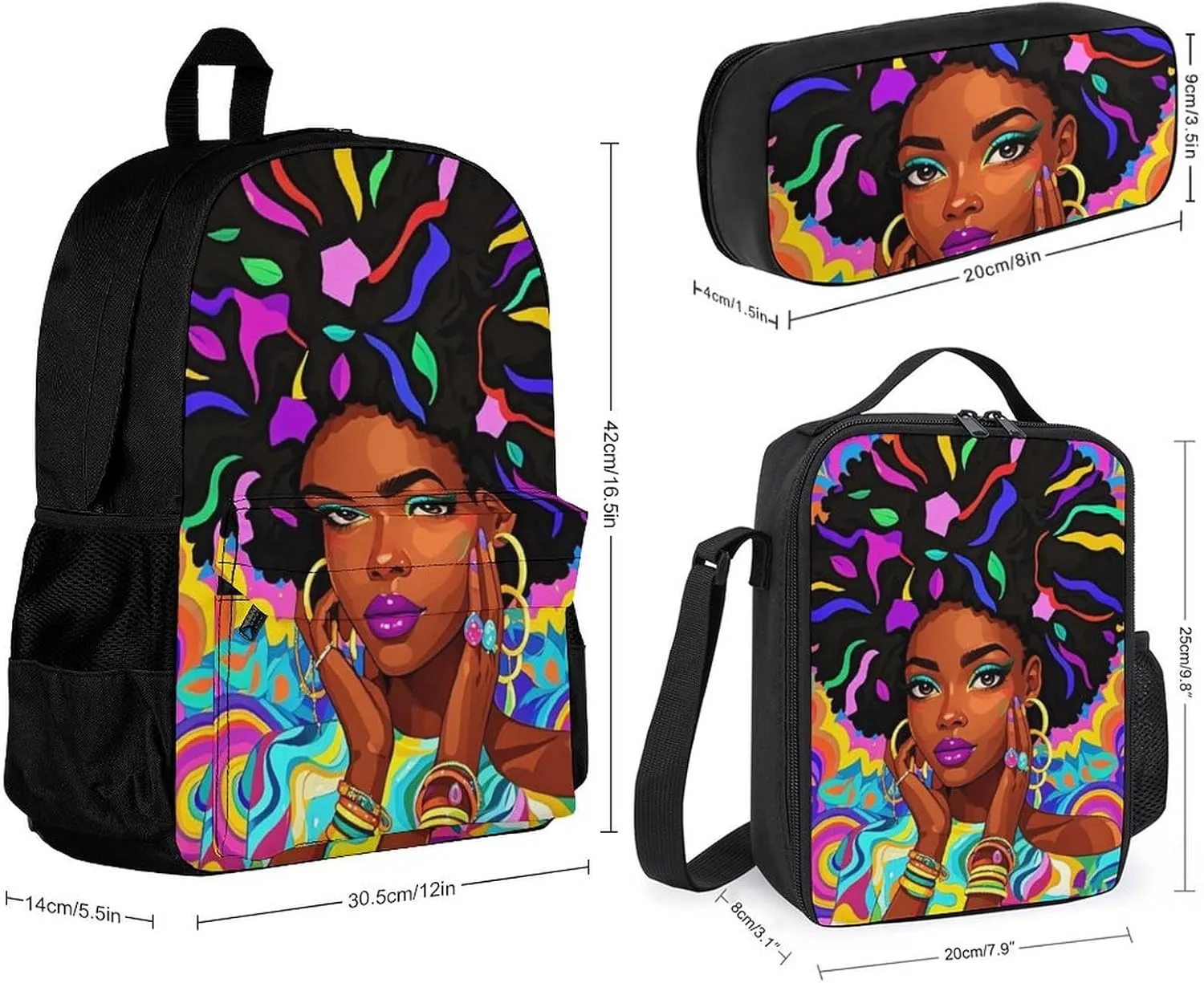 Supdreamc 3 Piece Backpack Sets Cool African American Woman Bold And Colorful Art Lightweight Rucksack Bag With Lunch Bag Box And Pencil Case for Women Men Adult Travel Camping, One Size
