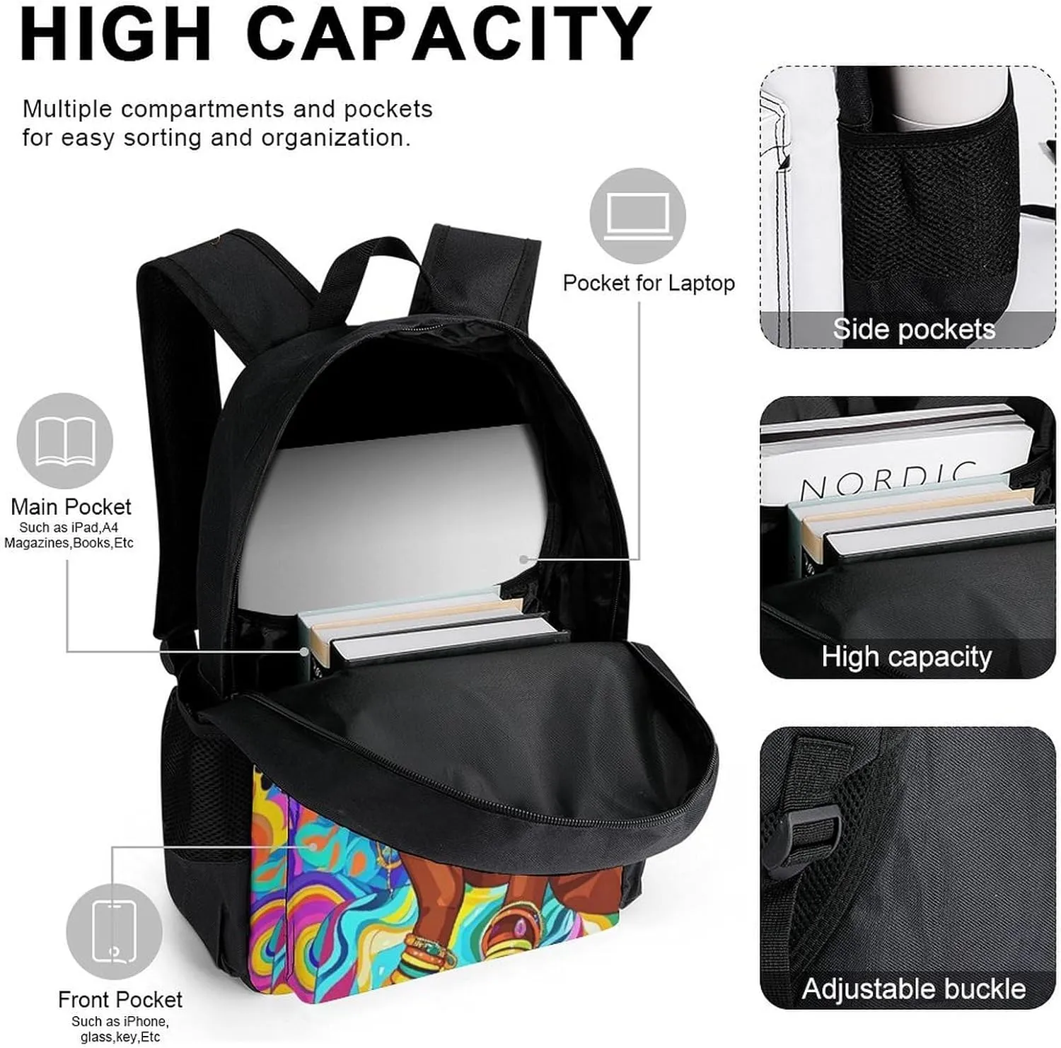 Supdreamc 3 Piece Backpack Sets Cool African American Woman Bold And Colorful Art Lightweight Rucksack Bag With Lunch Bag Box And Pencil Case for Women Men Adult Travel Camping, One Size