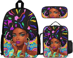 Supdreamc 3 Piece Backpack Sets Cool African American Woman Bold And Colorful Art Lightweight Rucksack Bag With Lunch Bag Box And Pencil Case for Women Men Adult Travel Camping, One Size