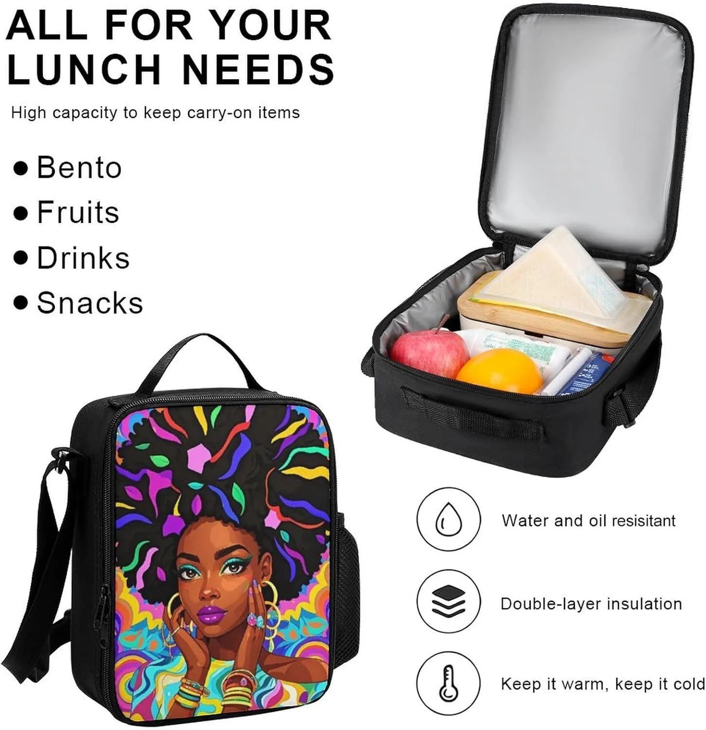 Supdreamc 3 Piece Backpack Sets Cool African American Woman Bold And Colorful Art Lightweight Rucksack Bag With Lunch Bag Box And Pencil Case for Women Men Adult Travel Camping, One Size
