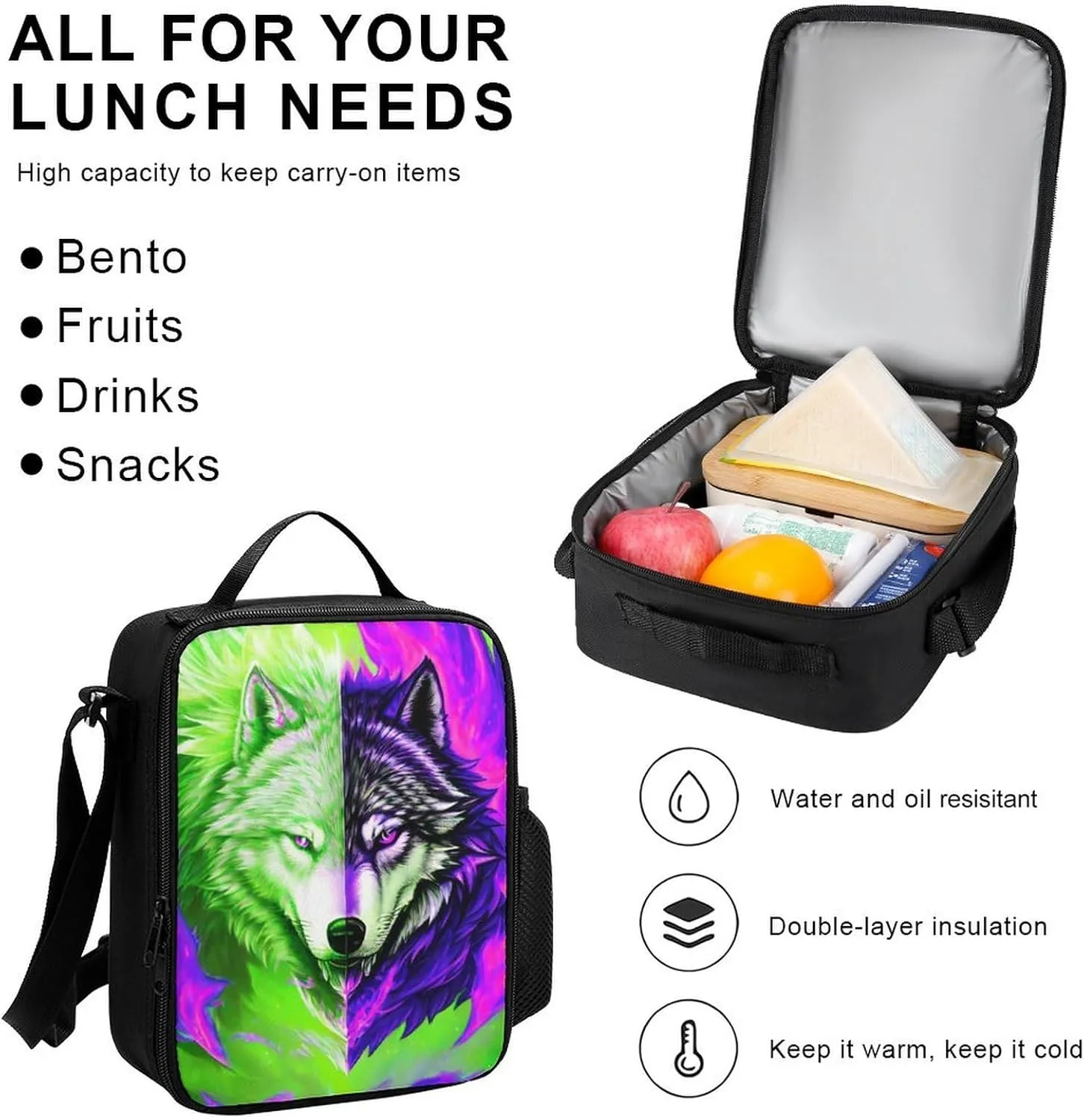 Supdreamc 3 Piece Backpack Sets Ice And Fire Flaming Cool Wolf Art Lightweight Rucksack Bag With Lunch Bag Box And Pencil Case for Women Men Adult Travel Camping, One Size