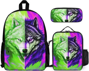 Supdreamc 3 Piece Backpack Sets Ice And Fire Flaming Cool Wolf Art Lightweight Rucksack Bag With Lunch Bag Box And Pencil Case for Women Men Adult Travel Camping, One Size