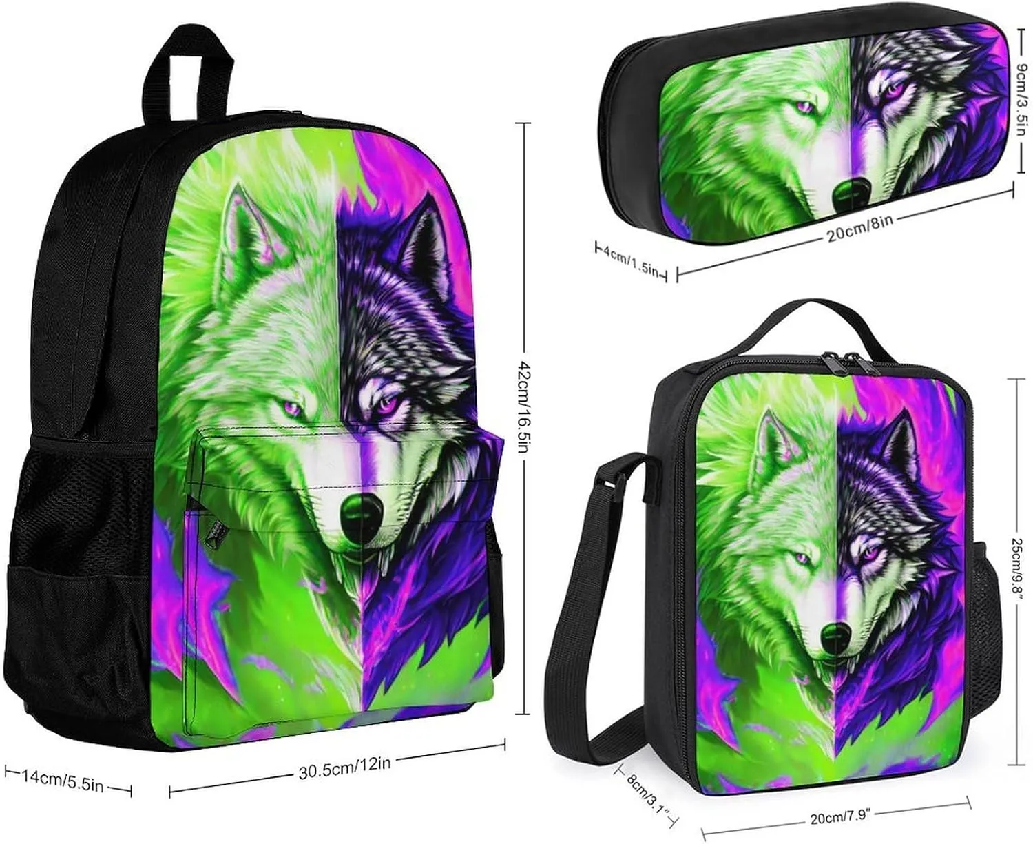 Supdreamc 3 Piece Backpack Sets Ice And Fire Flaming Cool Wolf Art Lightweight Rucksack Bag With Lunch Bag Box And Pencil Case for Women Men Adult Travel Camping, One Size