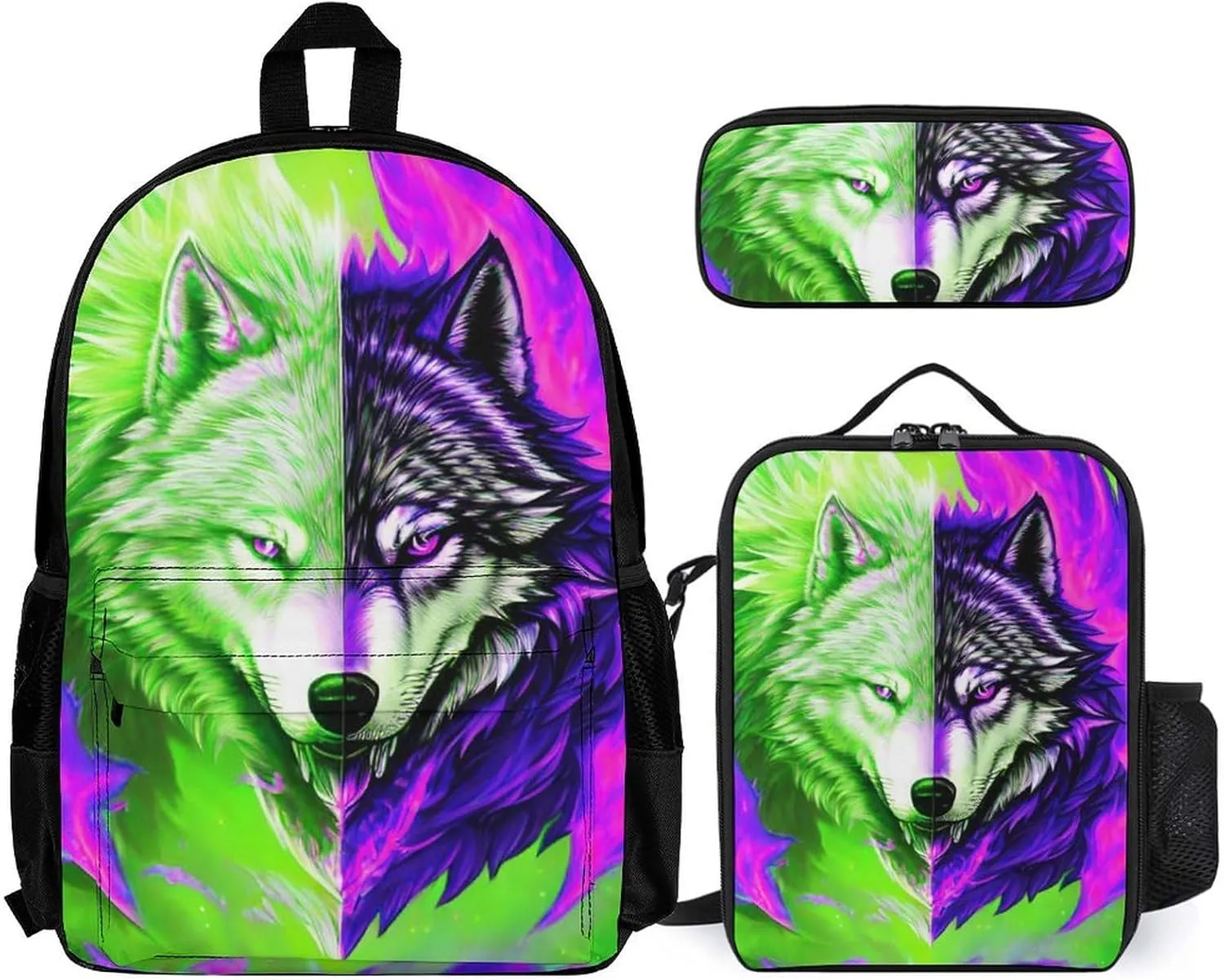 Supdreamc 3 Piece Backpack Sets Ice And Fire Flaming Cool Wolf Art Lightweight Rucksack Bag With Lunch Bag Box And Pencil Case for Women Men Adult Travel Camping, One Size