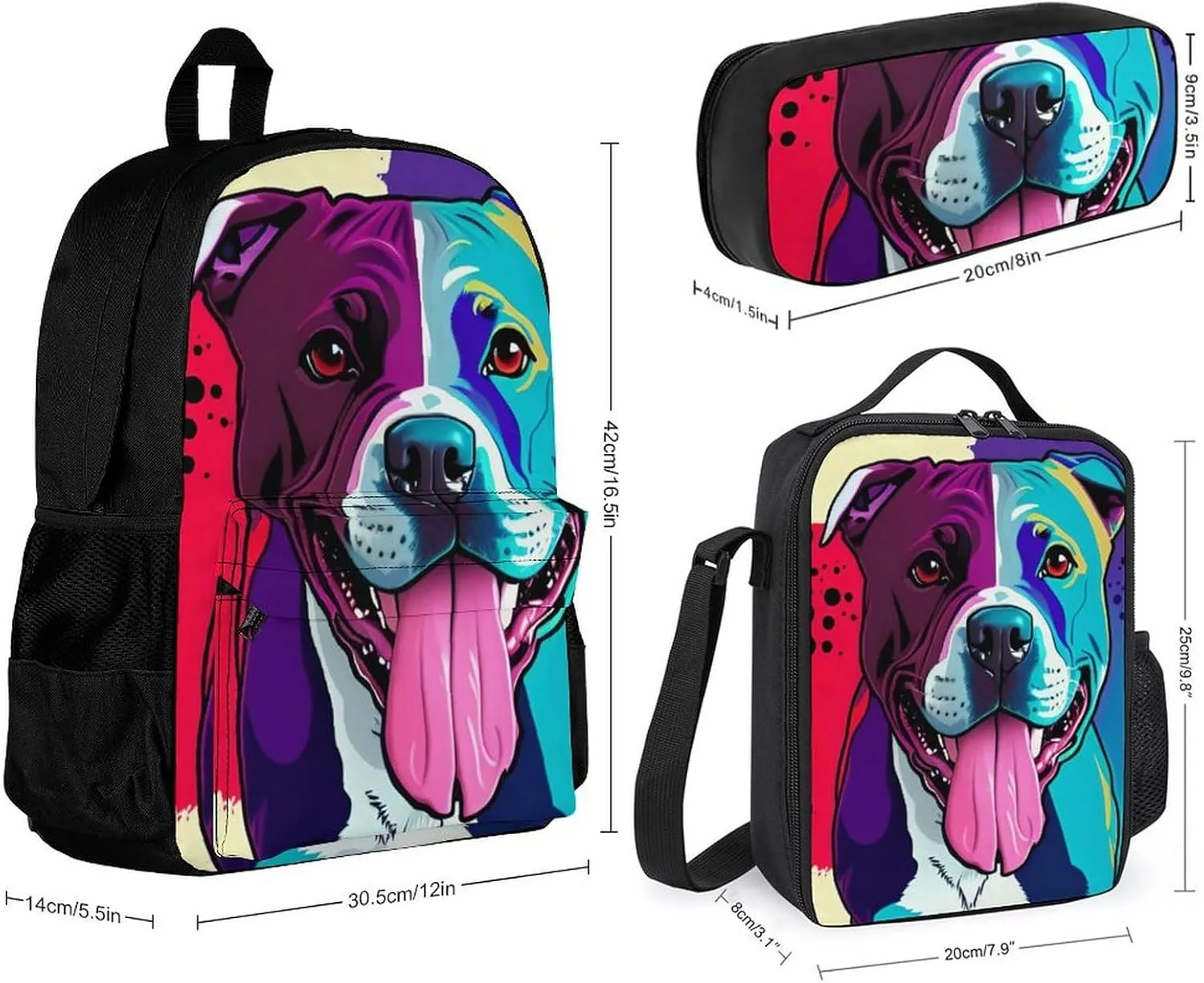 Supdreamc 3 Piece Rucksack American Pit Bull Terrier Dog Art Travel Hiking Daypack - Big Capacity Multipurpose Carry On Bag Lunch Bag Pencil Case for Men & Women