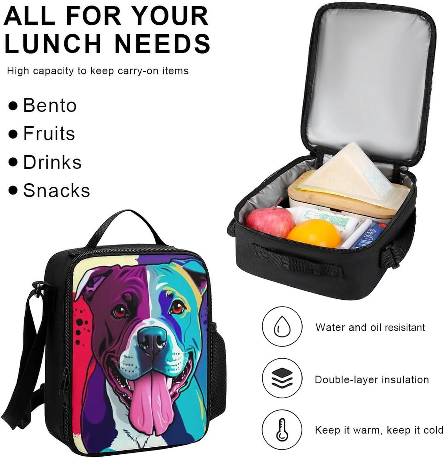 Supdreamc 3 Piece Rucksack American Pit Bull Terrier Dog Art Travel Hiking Daypack - Big Capacity Multipurpose Carry On Bag Lunch Bag Pencil Case for Men & Women
