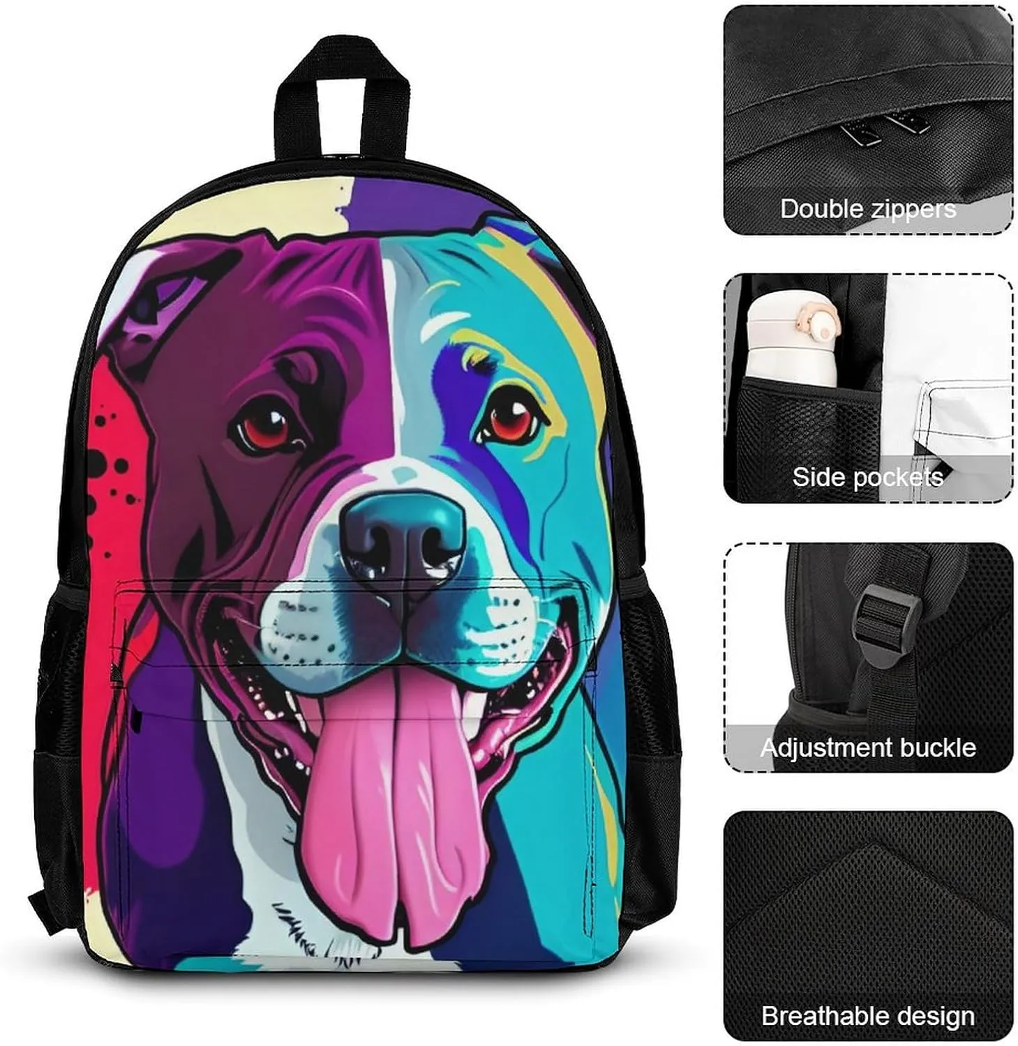 Supdreamc 3 Piece Rucksack American Pit Bull Terrier Dog Art Travel Hiking Daypack - Big Capacity Multipurpose Carry On Bag Lunch Bag Pencil Case for Men & Women