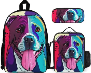 Supdreamc 3 Piece Rucksack American Pit Bull Terrier Dog Art Travel Hiking Daypack - Big Capacity Multipurpose Carry On Bag Lunch Bag Pencil Case for Men & Women