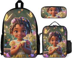 Supdreamc 3 Piece Rucksack Colorful Afro American Black Woman With Butterflies Art Travel Hiking Daypack - Big Capacity Multipurpose Carry On Bag Lunch Bag Pencil Case