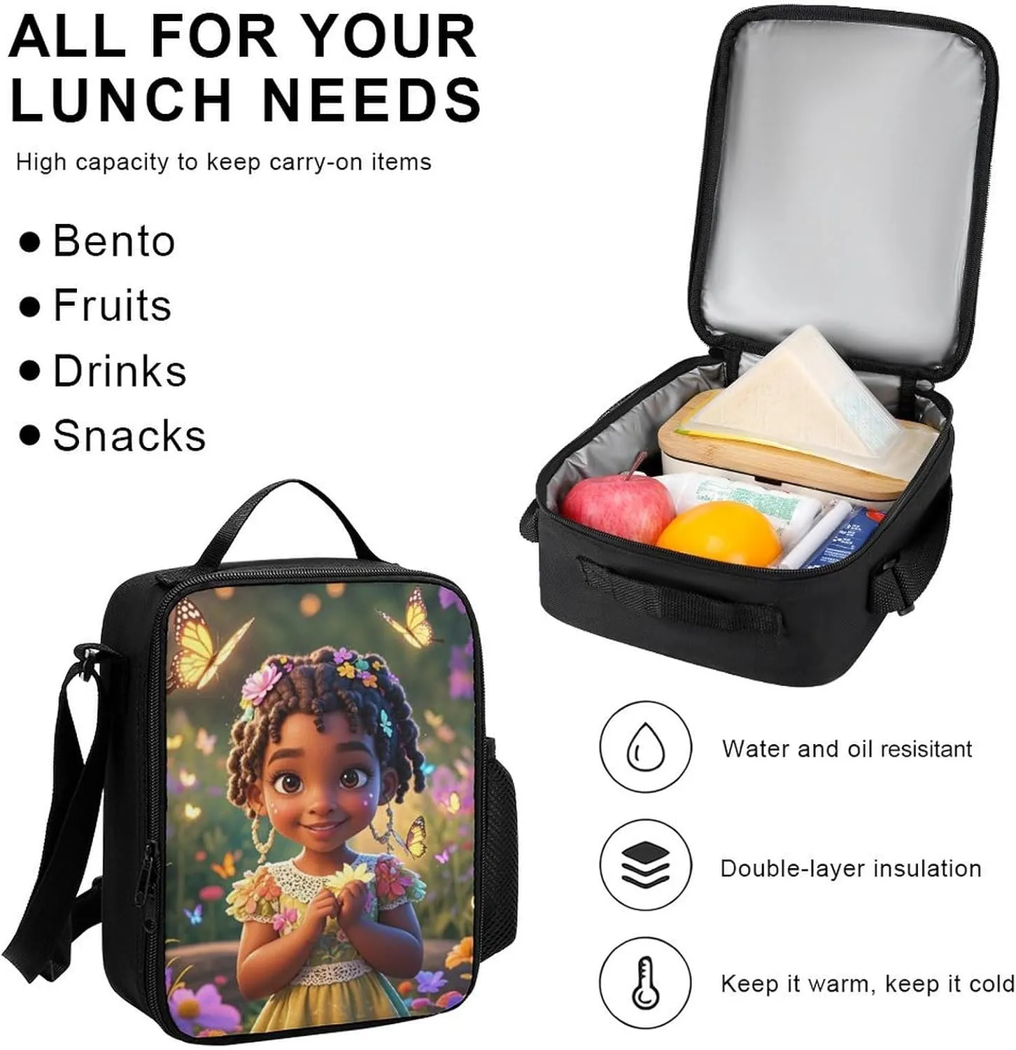 Supdreamc 3 Piece Rucksack Colorful Afro American Black Woman With Butterflies Art Travel Hiking Daypack - Big Capacity Multipurpose Carry On Bag Lunch Bag Pencil Case