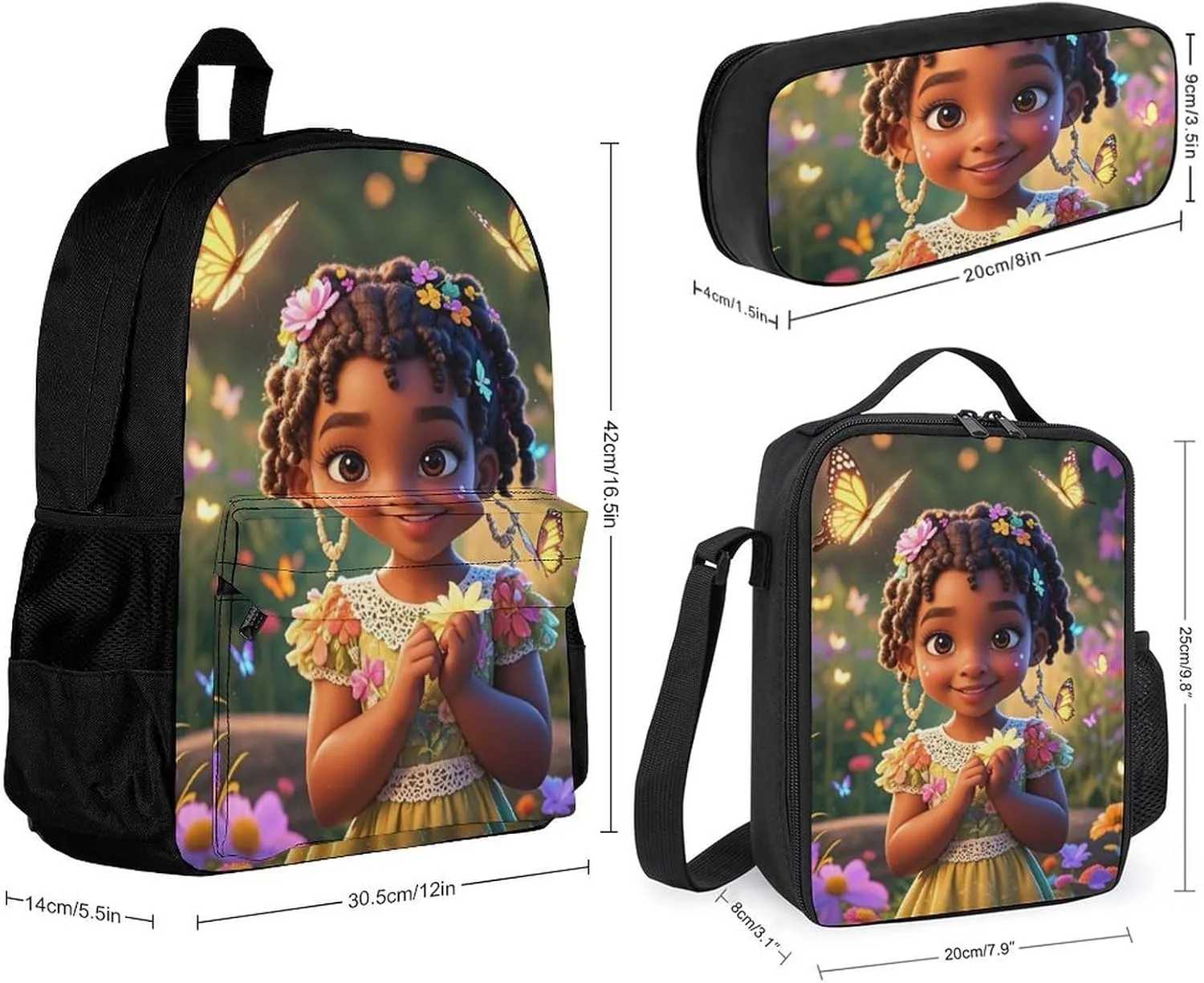 Supdreamc 3 Piece Rucksack Colorful Afro American Black Woman With Butterflies Art Travel Hiking Daypack - Big Capacity Multipurpose Carry On Bag Lunch Bag Pencil Case