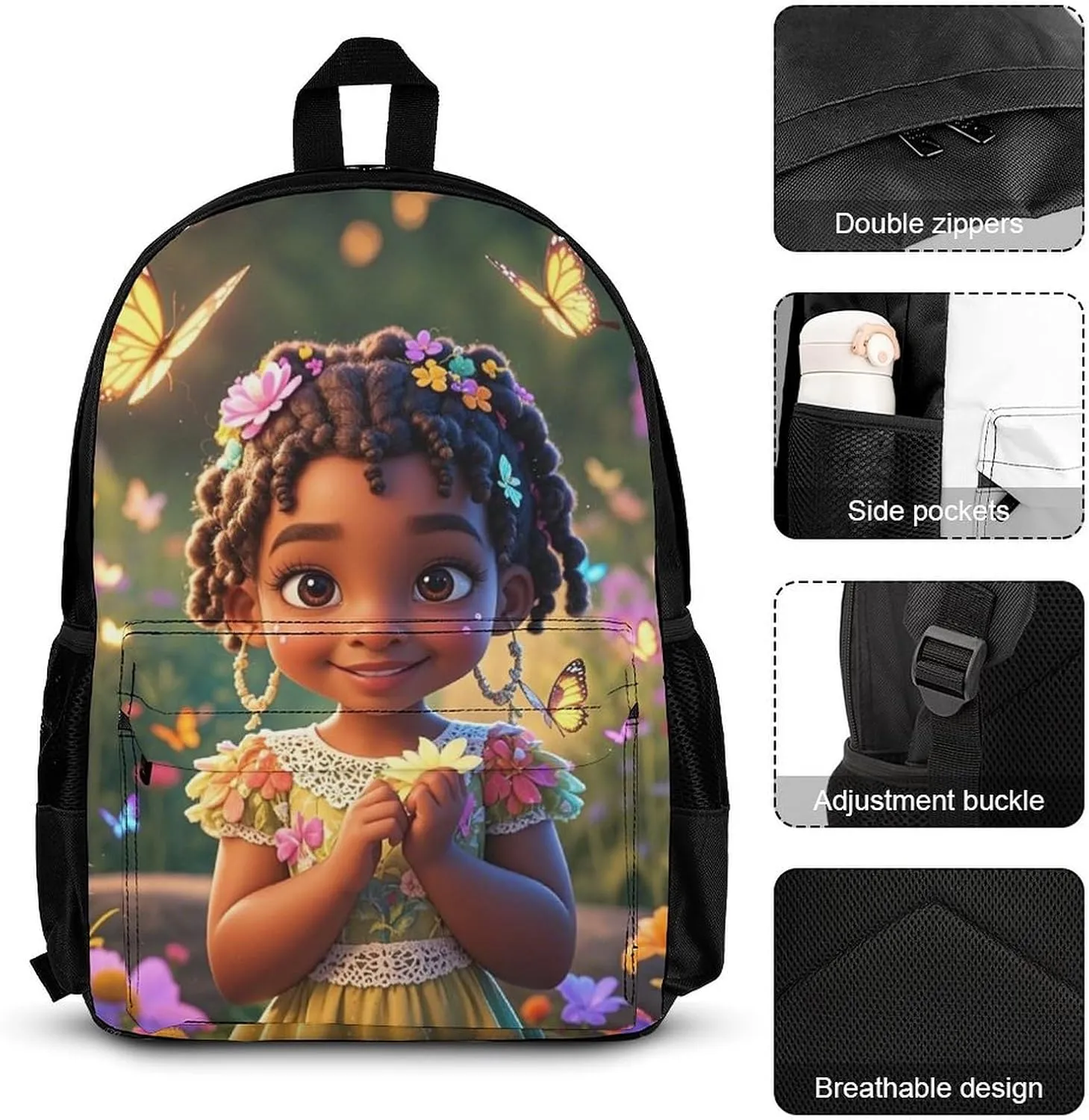 Supdreamc 3 Piece Rucksack Colorful Afro American Black Woman With Butterflies Art Travel Hiking Daypack - Big Capacity Multipurpose Carry On Bag Lunch Bag Pencil Case