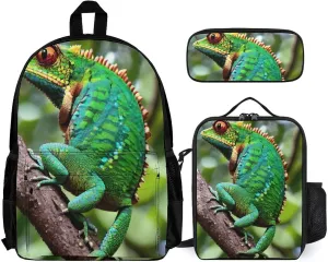 Supdreamc 3 Piece Rucksack Large Capacity Carry On Bag Backpack for Gym Outdoors Bicycle - Green Chameleon On The Tree Art, Travel Hiking Daypack