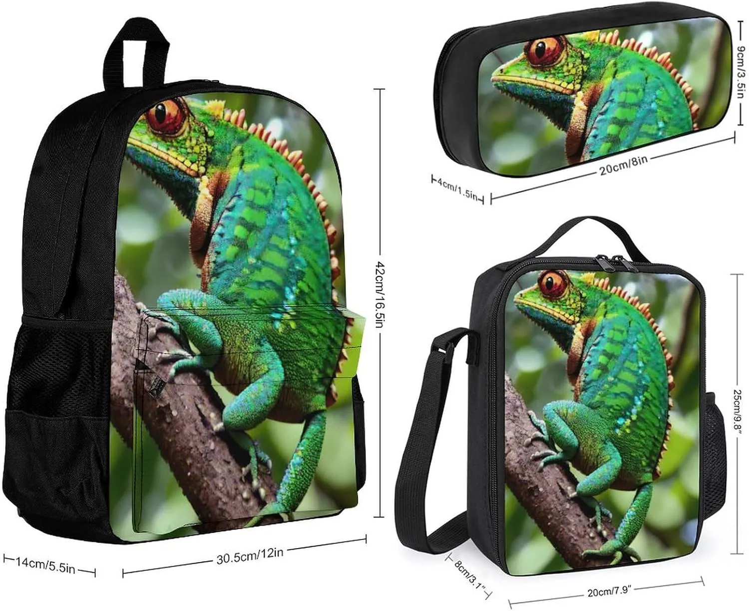 Supdreamc 3 Piece Rucksack Large Capacity Carry On Bag Backpack for Gym Outdoors Bicycle - Green Chameleon On The Tree Art, Travel Hiking Daypack