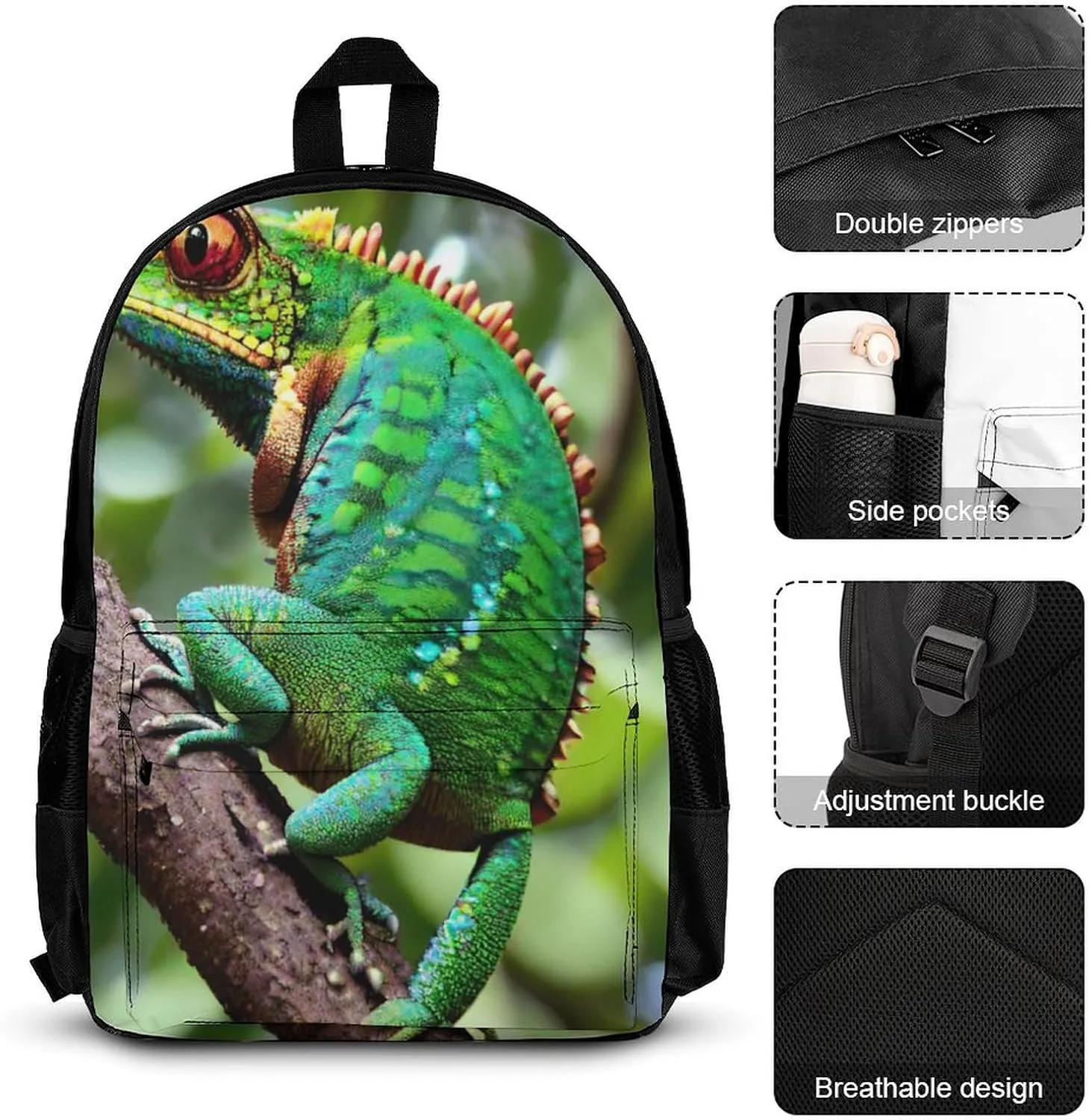 Supdreamc 3 Piece Rucksack Large Capacity Carry On Bag Backpack for Gym Outdoors Bicycle - Green Chameleon On The Tree Art, Travel Hiking Daypack