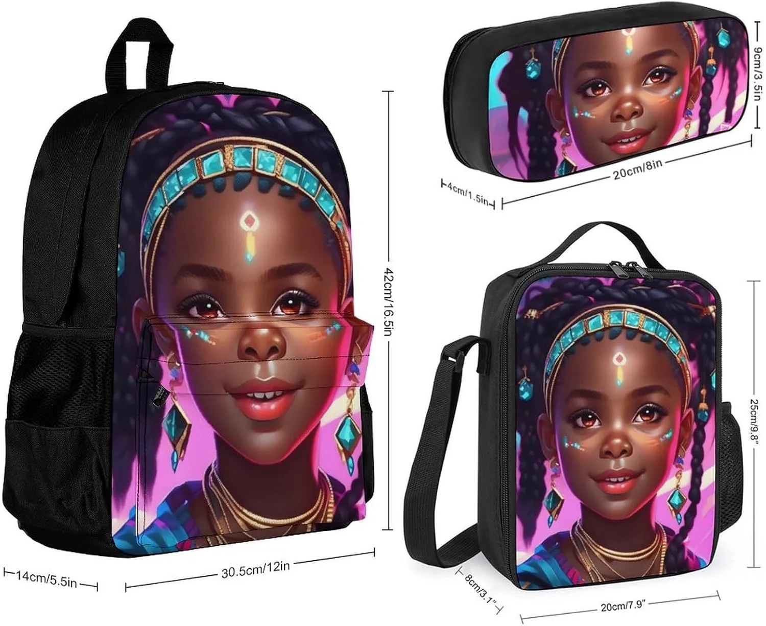 Supdreamc 3 Piece Rucksack Large Capacity Shoulder Bag Backpack for Gym Work Bicycle - Cute African American Black Women Woman Art, for Adult, Travel Hiking Backpack