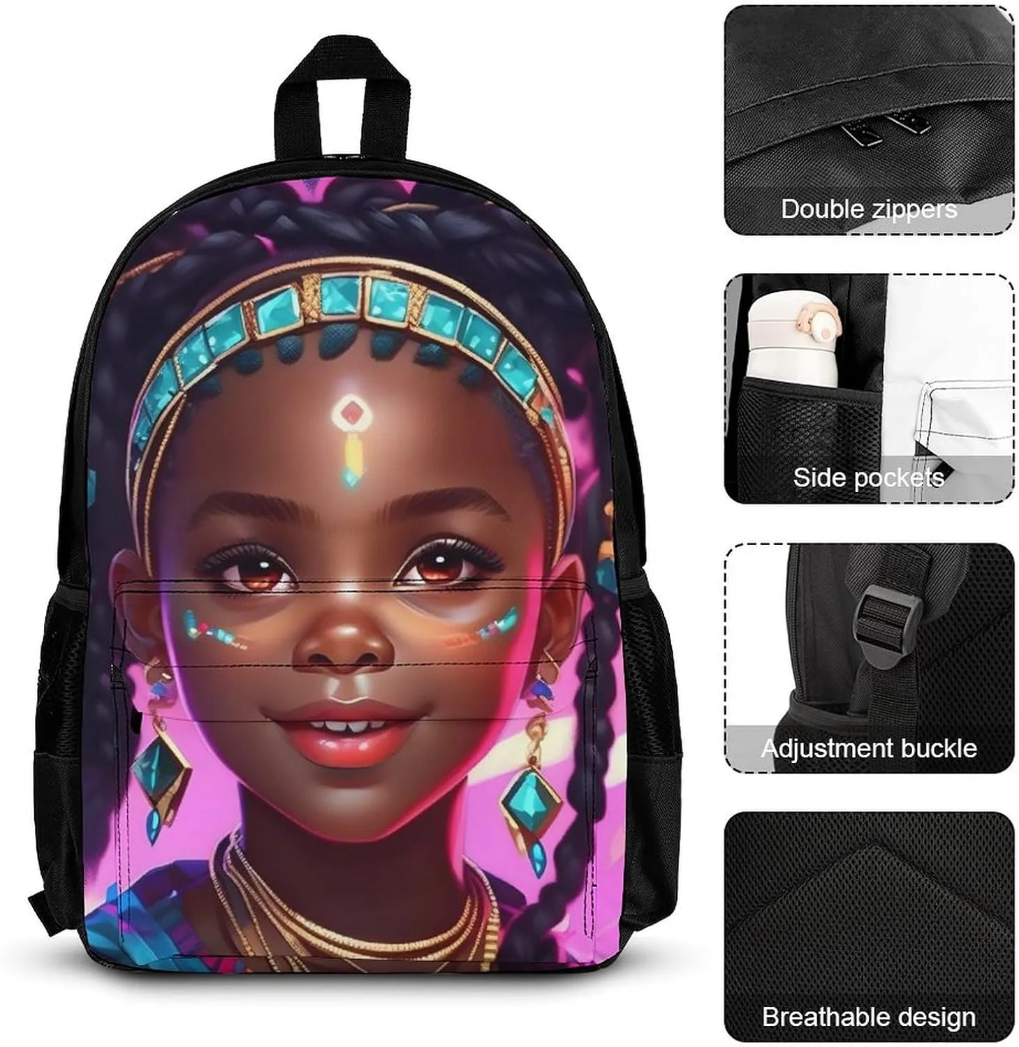 Supdreamc 3 Piece Rucksack Large Capacity Shoulder Bag Backpack for Gym Work Bicycle - Cute African American Black Women Woman Art, for Adult, Travel Hiking Backpack