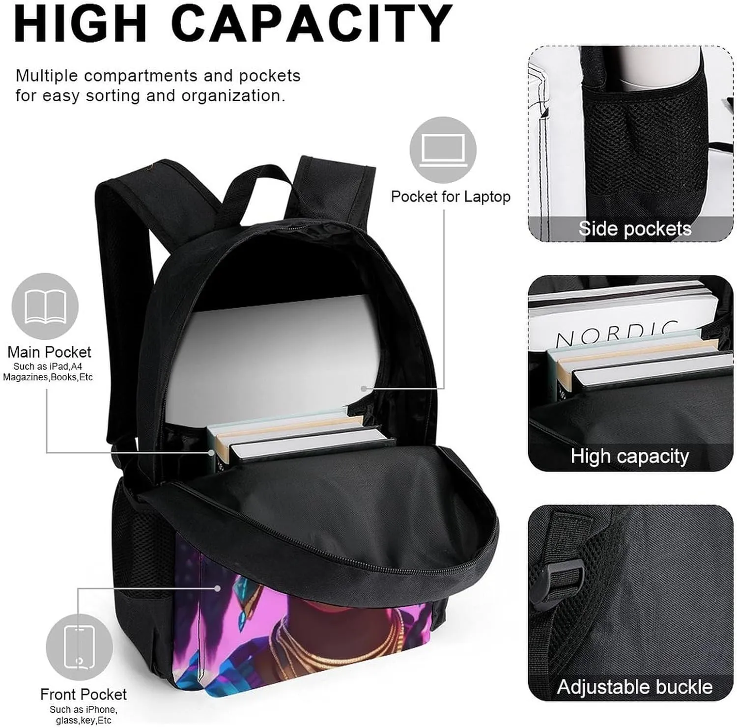 Supdreamc 3 Piece Rucksack Large Capacity Shoulder Bag Backpack for Gym Work Bicycle - Cute African American Black Women Woman Art, for Adult, Travel Hiking Backpack