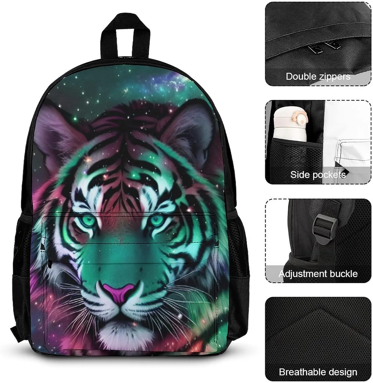 Supdreamc 3 Piece Rucksack Mystic Fantasy Galaxy Sky Fantasy Wild Animals Tiger Art Travel Hiking Daypack - Big Capacity Multipurpose Carry On Bag Lunch Bag Pencil Case