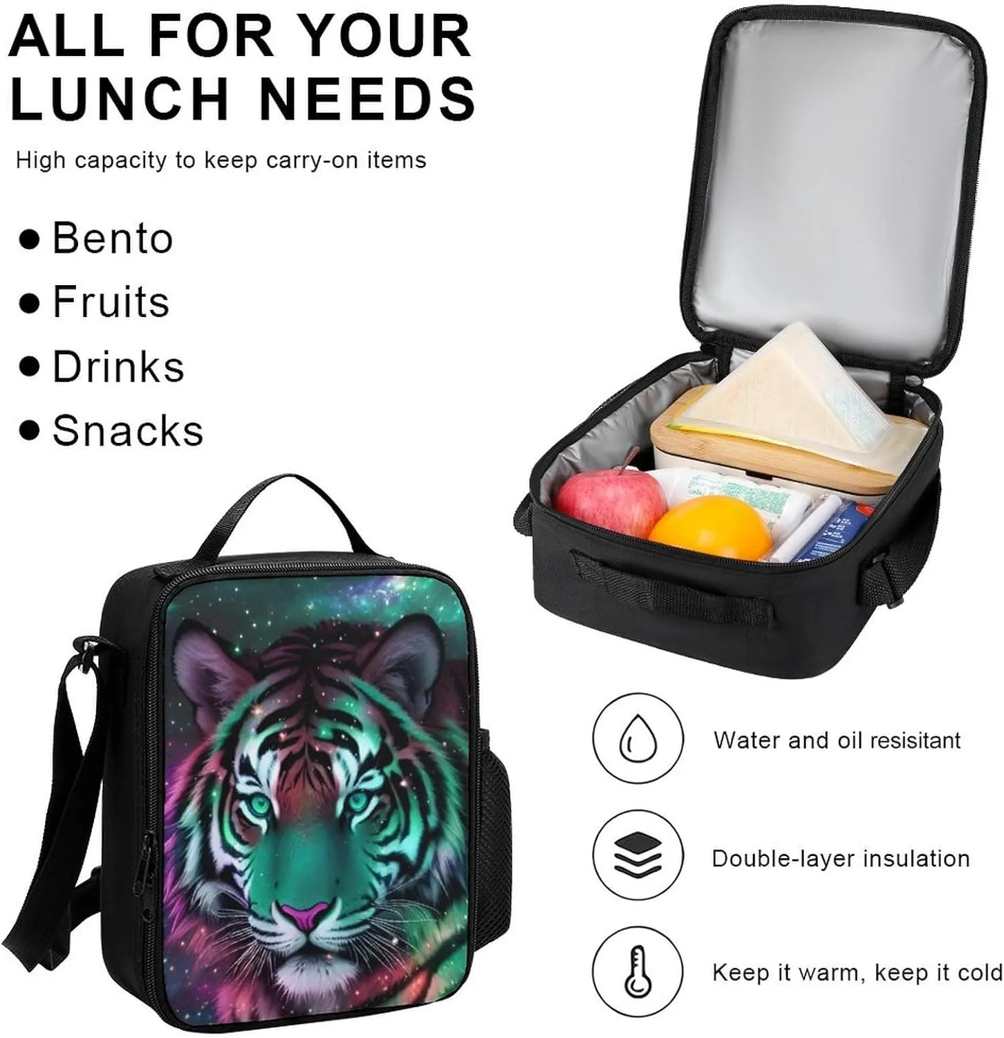 Supdreamc 3 Piece Rucksack Mystic Fantasy Galaxy Sky Fantasy Wild Animals Tiger Art Travel Hiking Daypack - Big Capacity Multipurpose Carry On Bag Lunch Bag Pencil Case