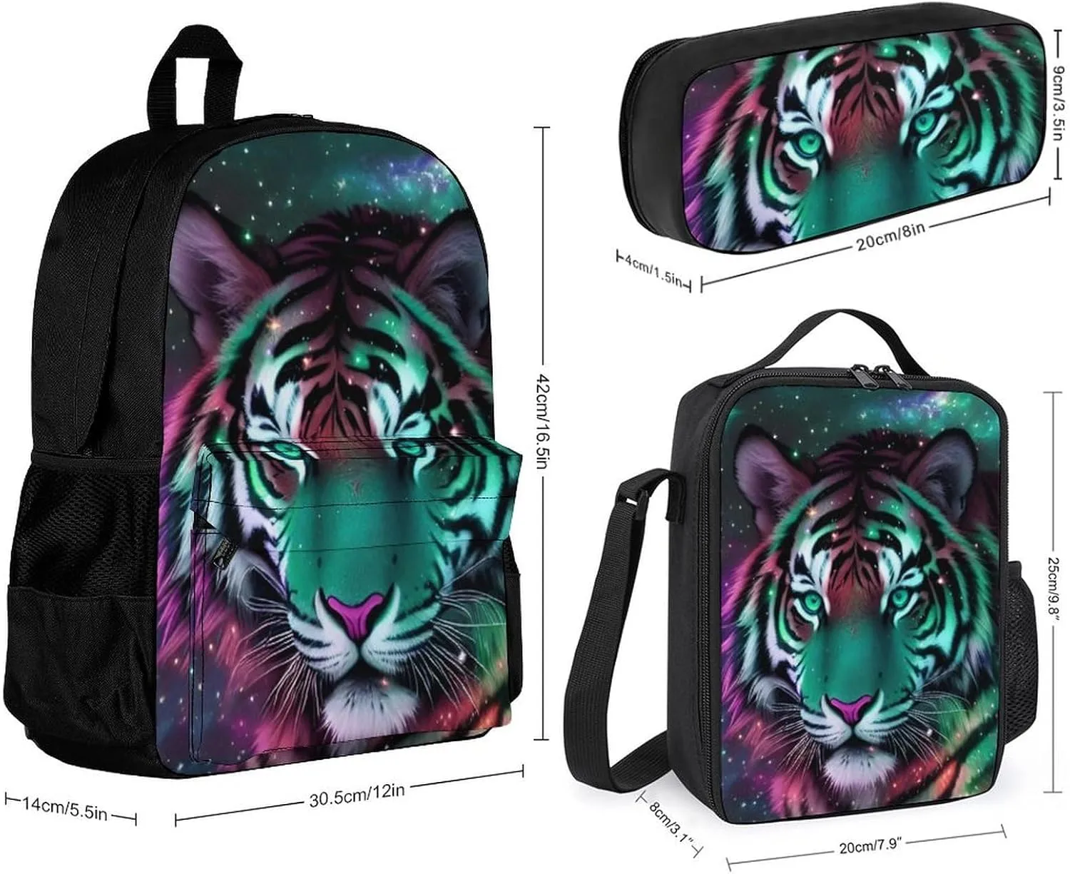 Supdreamc 3 Piece Rucksack Mystic Fantasy Galaxy Sky Fantasy Wild Animals Tiger Art Travel Hiking Daypack - Big Capacity Multipurpose Carry On Bag Lunch Bag Pencil Case