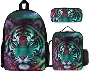 Supdreamc 3 Piece Rucksack Mystic Fantasy Galaxy Sky Fantasy Wild Animals Tiger Art Travel Hiking Daypack - Big Capacity Multipurpose Carry On Bag Lunch Bag Pencil Case