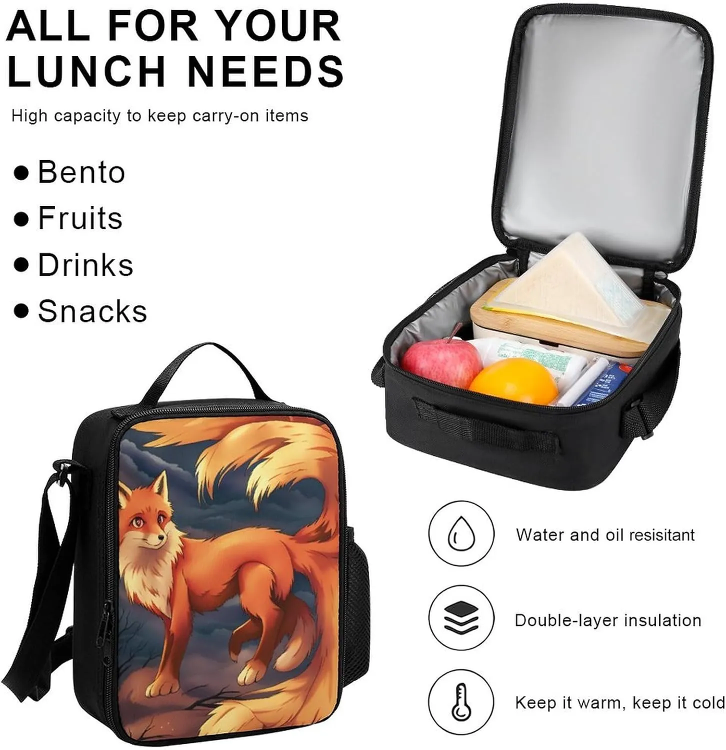 Supdreamc 3 Piece Rucksack Sets, Anime Fox Art Carry On Bag Lunch Bag Pencil Case, Shoulder Book Bags, Travel Hiking Bag & Day Pack Rucksack