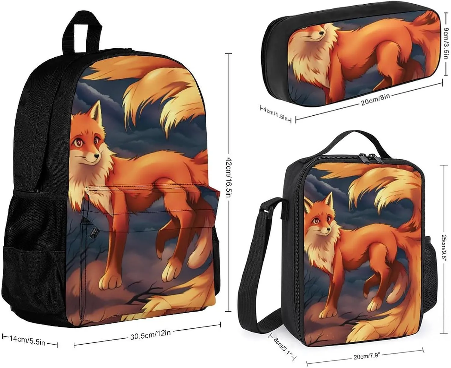 Supdreamc 3 Piece Rucksack Sets, Anime Fox Art Carry On Bag Lunch Bag Pencil Case, Shoulder Book Bags, Travel Hiking Bag & Day Pack Rucksack