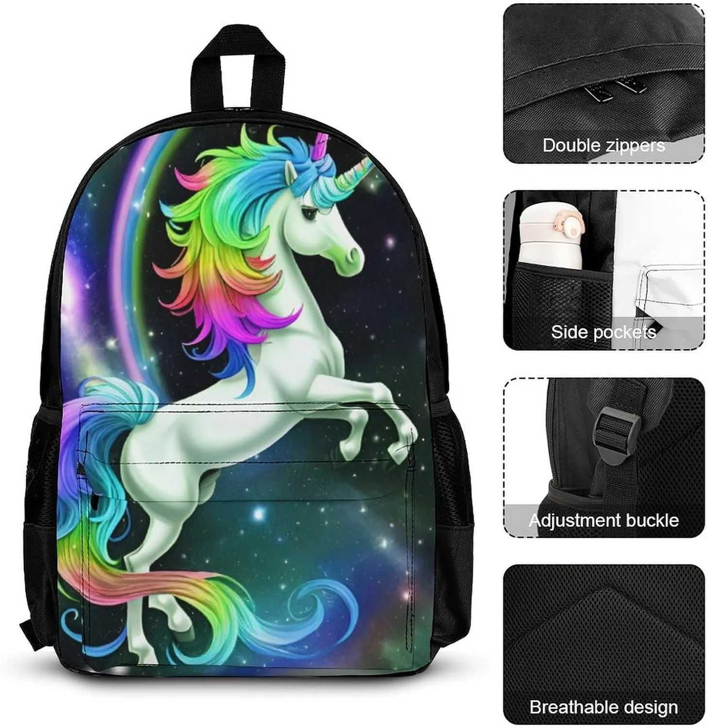 Supdreamc 3 Piece Rucksack Sets, Rainbow Horse Galaxy Art Carry On Bag Lunch Bag Pencil Case, Shoulder Book Bags, Travel Hiking Bag & Day Pack Rucksack