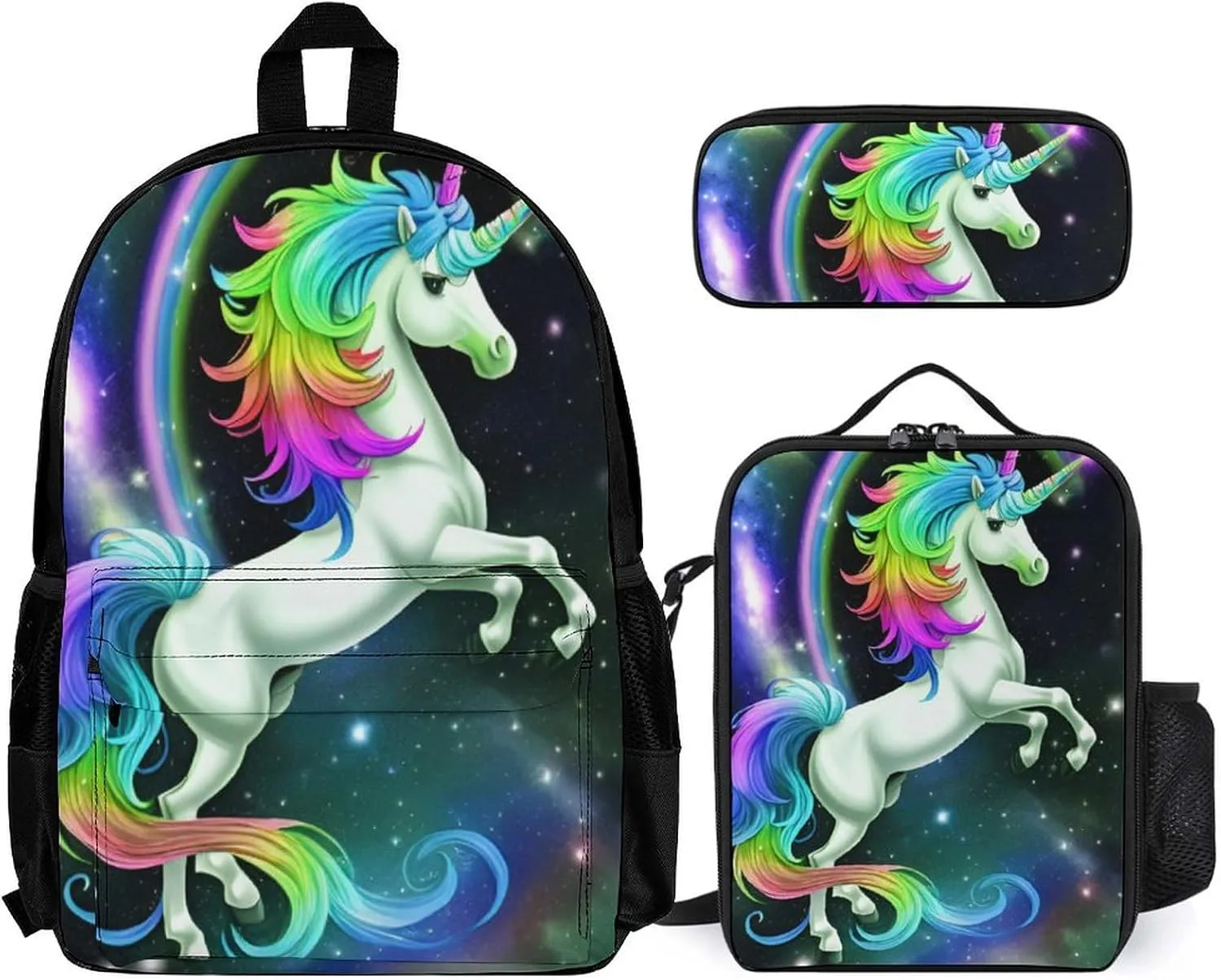 Supdreamc 3 Piece Rucksack Sets, Rainbow Horse Galaxy Art Carry On Bag Lunch Bag Pencil Case, Shoulder Book Bags, Travel Hiking Bag & Day Pack Rucksack