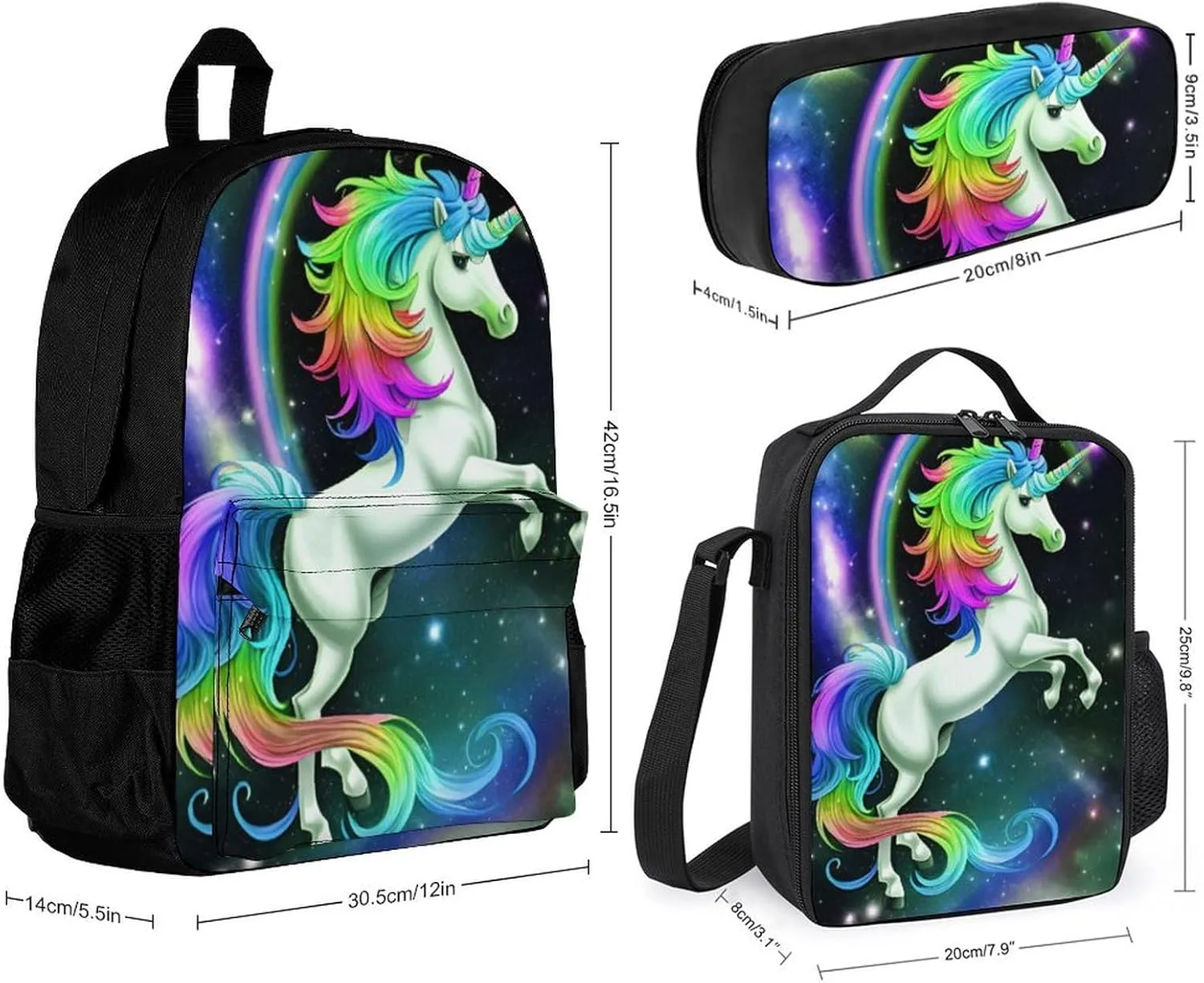 Supdreamc 3 Piece Rucksack Sets, Rainbow Horse Galaxy Art Carry On Bag Lunch Bag Pencil Case, Shoulder Book Bags, Travel Hiking Bag & Day Pack Rucksack