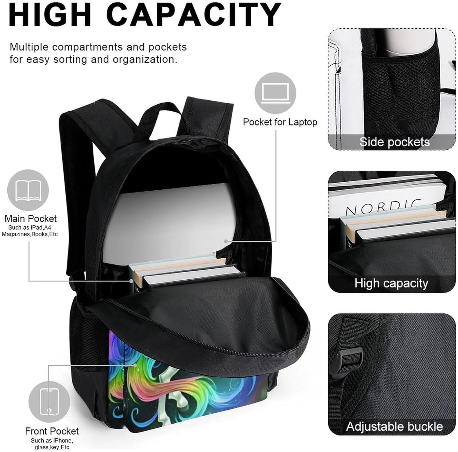 Supdreamc 3 Piece Rucksack Sets, Rainbow Horse Galaxy Art Carry On Bag Lunch Bag Pencil Case, Shoulder Book Bags, Travel Hiking Bag & Day Pack Rucksack