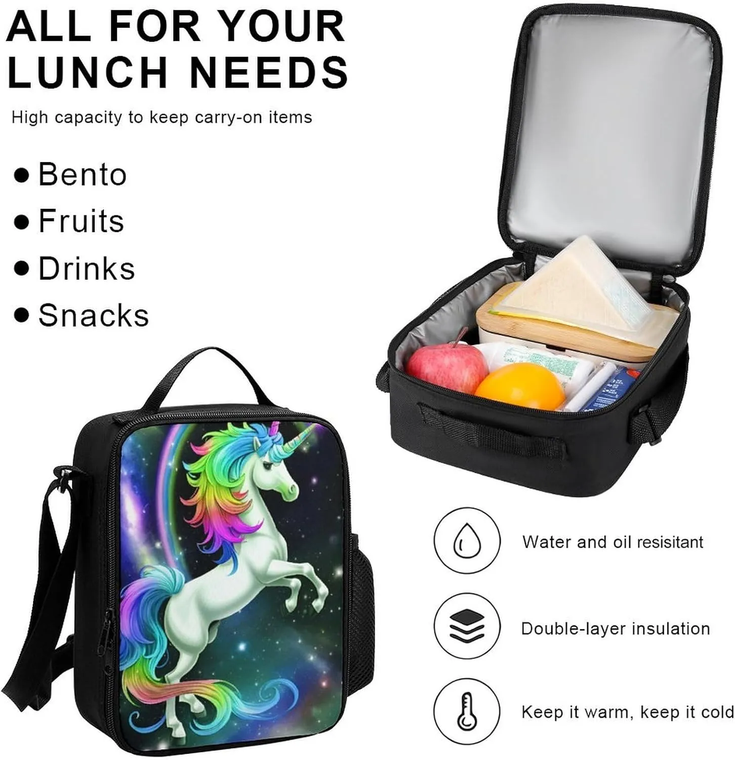 Supdreamc 3 Piece Rucksack Sets, Rainbow Horse Galaxy Art Carry On Bag Lunch Bag Pencil Case, Shoulder Book Bags, Travel Hiking Bag & Day Pack Rucksack
