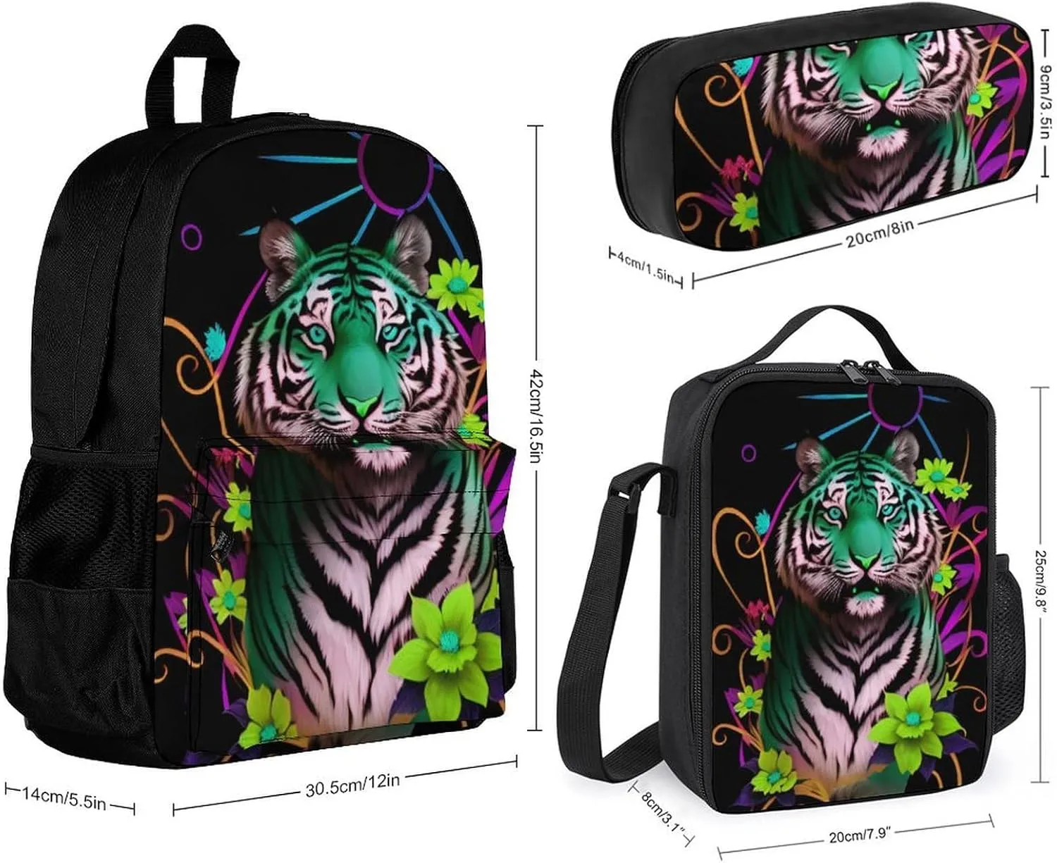 Supdreamc 3 Piece Rucksack Trippy Tiger Animal Flower Art Travel Hiking Daypack - Big Capacity Multipurpose Carry On Bag Lunch Bag Pencil Case for Men & Women