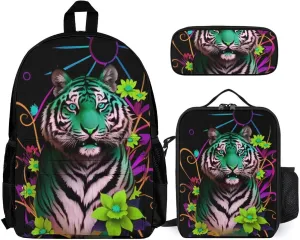 Supdreamc 3 Piece Rucksack Trippy Tiger Animal Flower Art Travel Hiking Daypack - Big Capacity Multipurpose Carry On Bag Lunch Bag Pencil Case for Men & Women