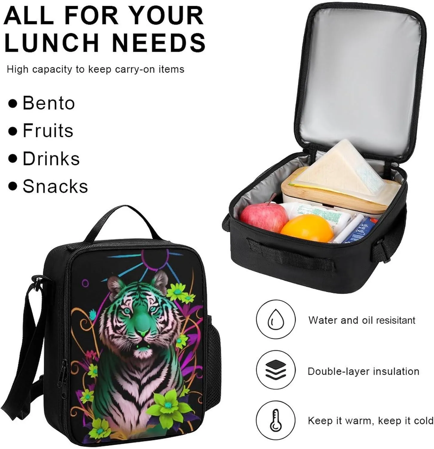 Supdreamc 3 Piece Rucksack Trippy Tiger Animal Flower Art Travel Hiking Daypack - Big Capacity Multipurpose Carry On Bag Lunch Bag Pencil Case for Men & Women