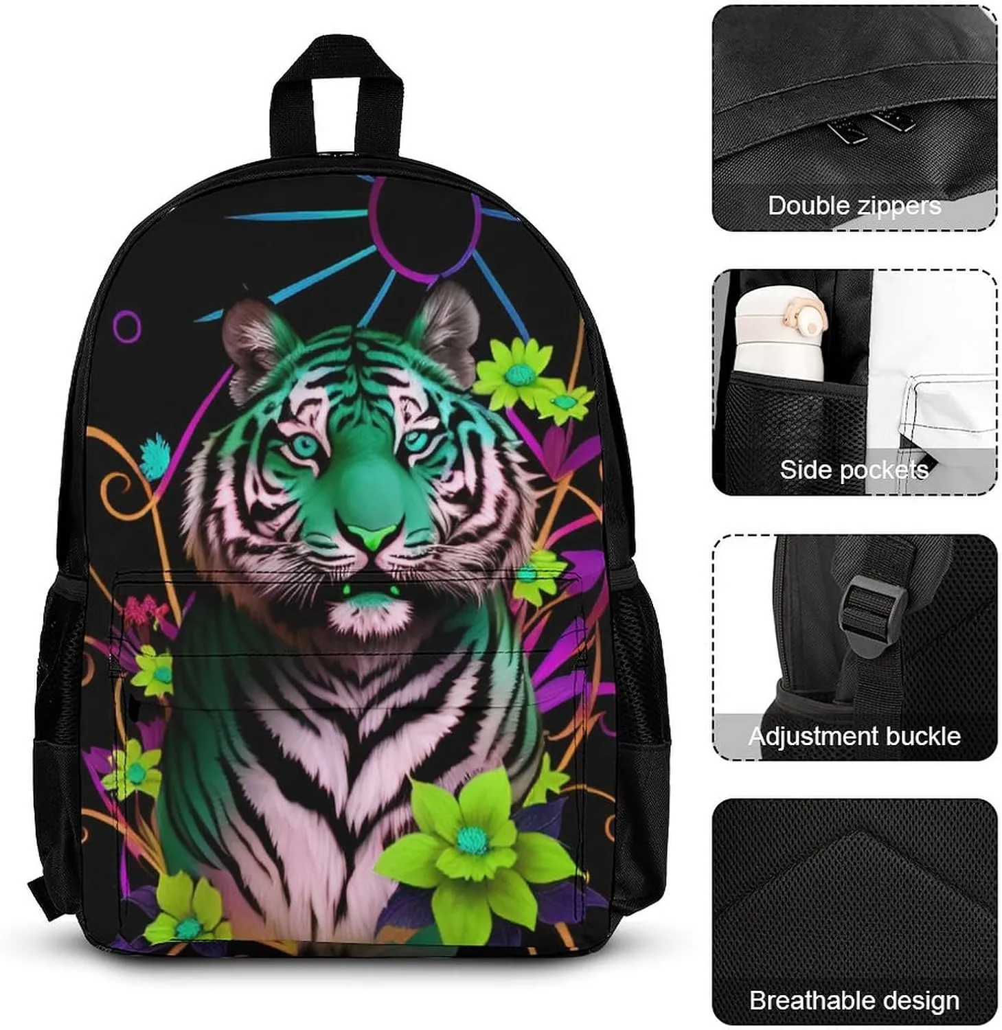 Supdreamc 3 Piece Rucksack Trippy Tiger Animal Flower Art Travel Hiking Daypack - Big Capacity Multipurpose Carry On Bag Lunch Bag Pencil Case for Men & Women
