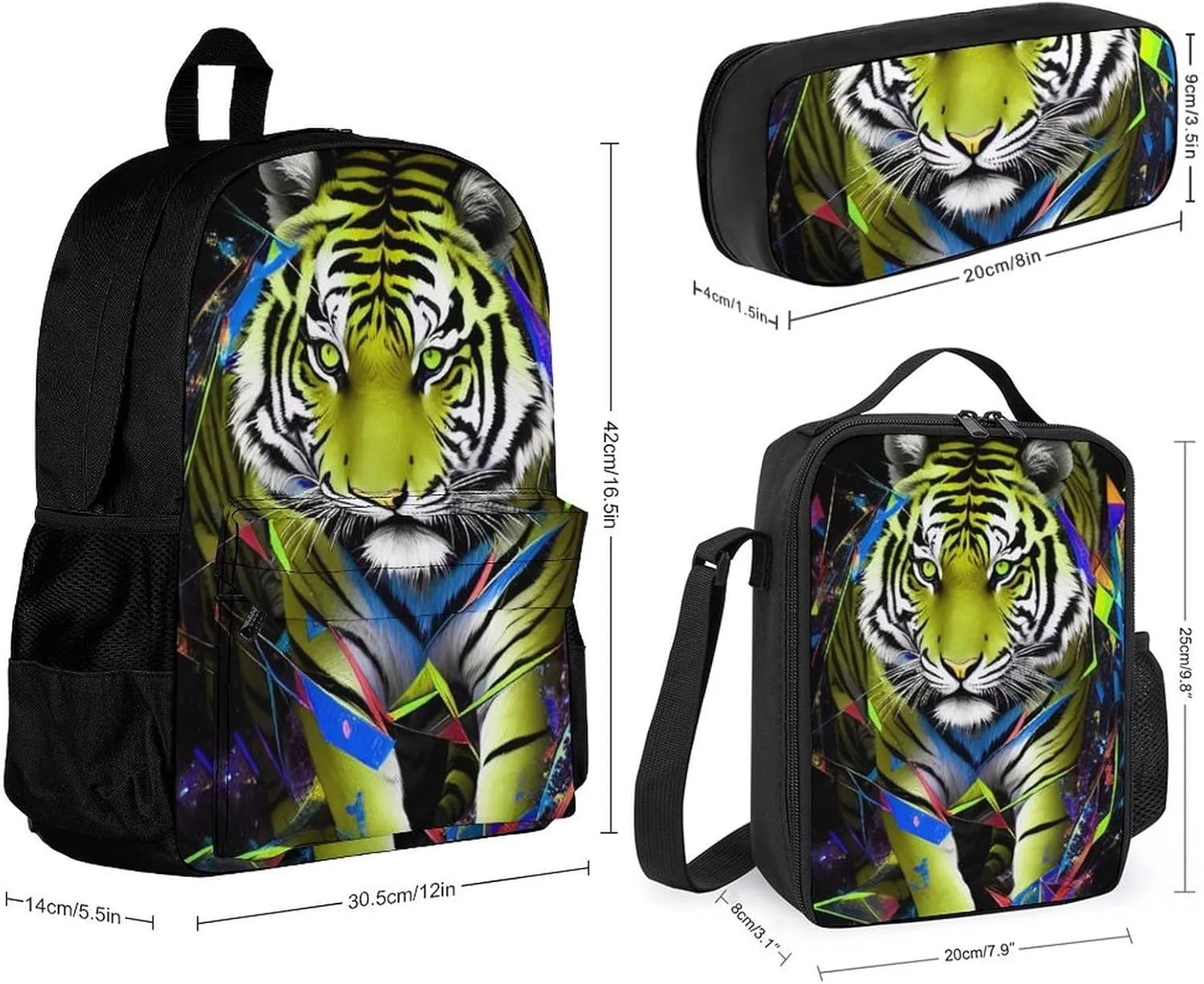 Supdreamc Adults Daypack - Trippy Tiger Animal Art Shoulder Bag 3 Piece College Travel Hiking & Camping Rucksack, 3 Piece Daypack Business Bag
