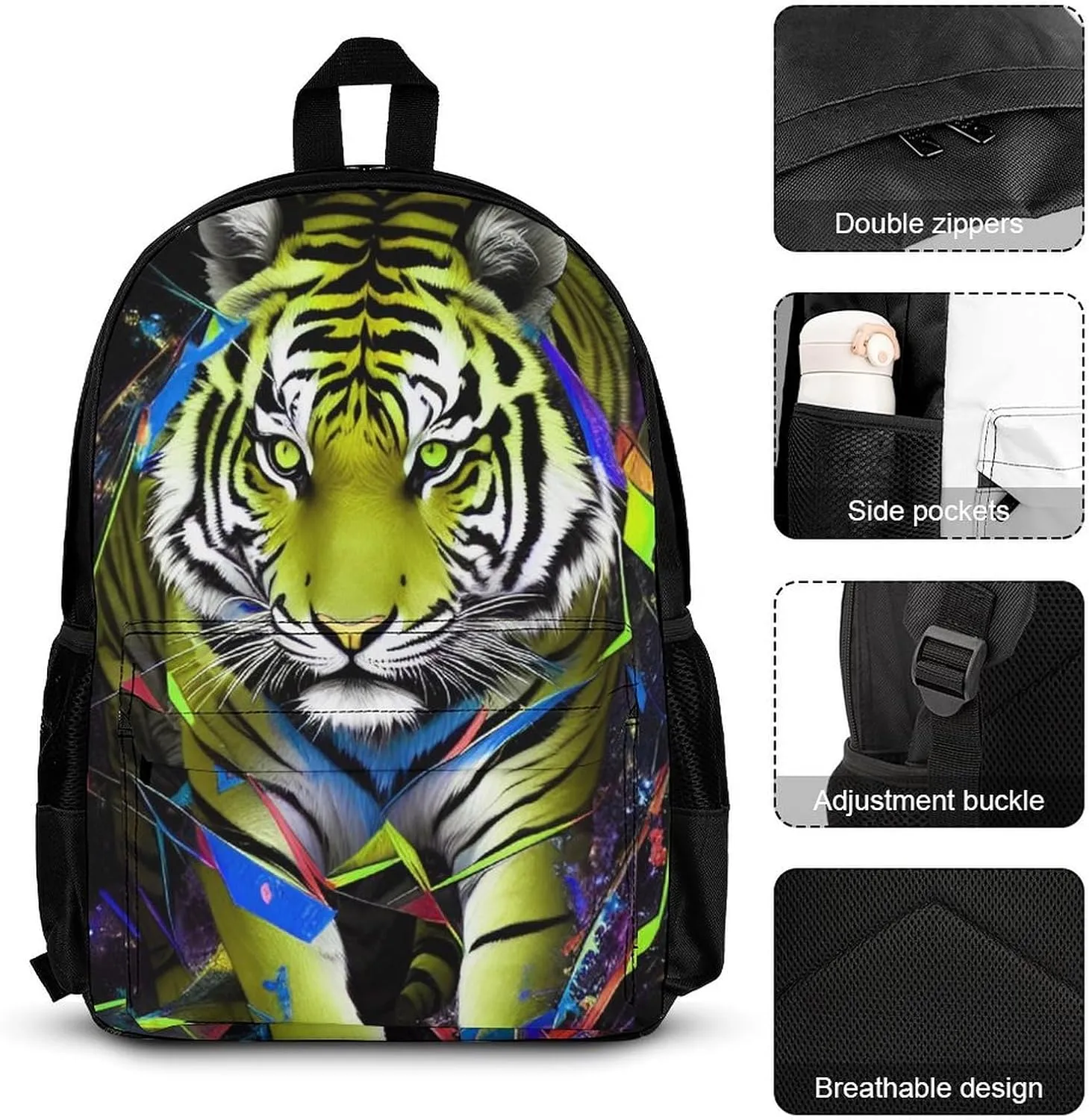 Supdreamc Adults Daypack - Trippy Tiger Animal Art Shoulder Bag 3 Piece College Travel Hiking & Camping Rucksack, 3 Piece Daypack Business Bag